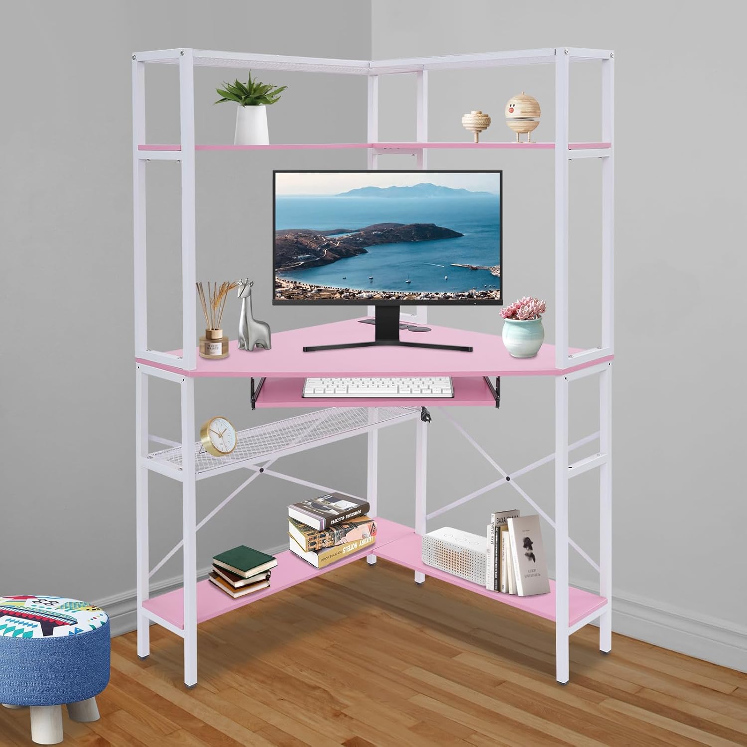 Corner Computer Desk with Power Outlets & LED Light, Mini Corner Desk with Hutch Corner Gaming Desk with Storage Shelves Triangle Corner Desk for Small Space, Home Office, Workstation (Pink)