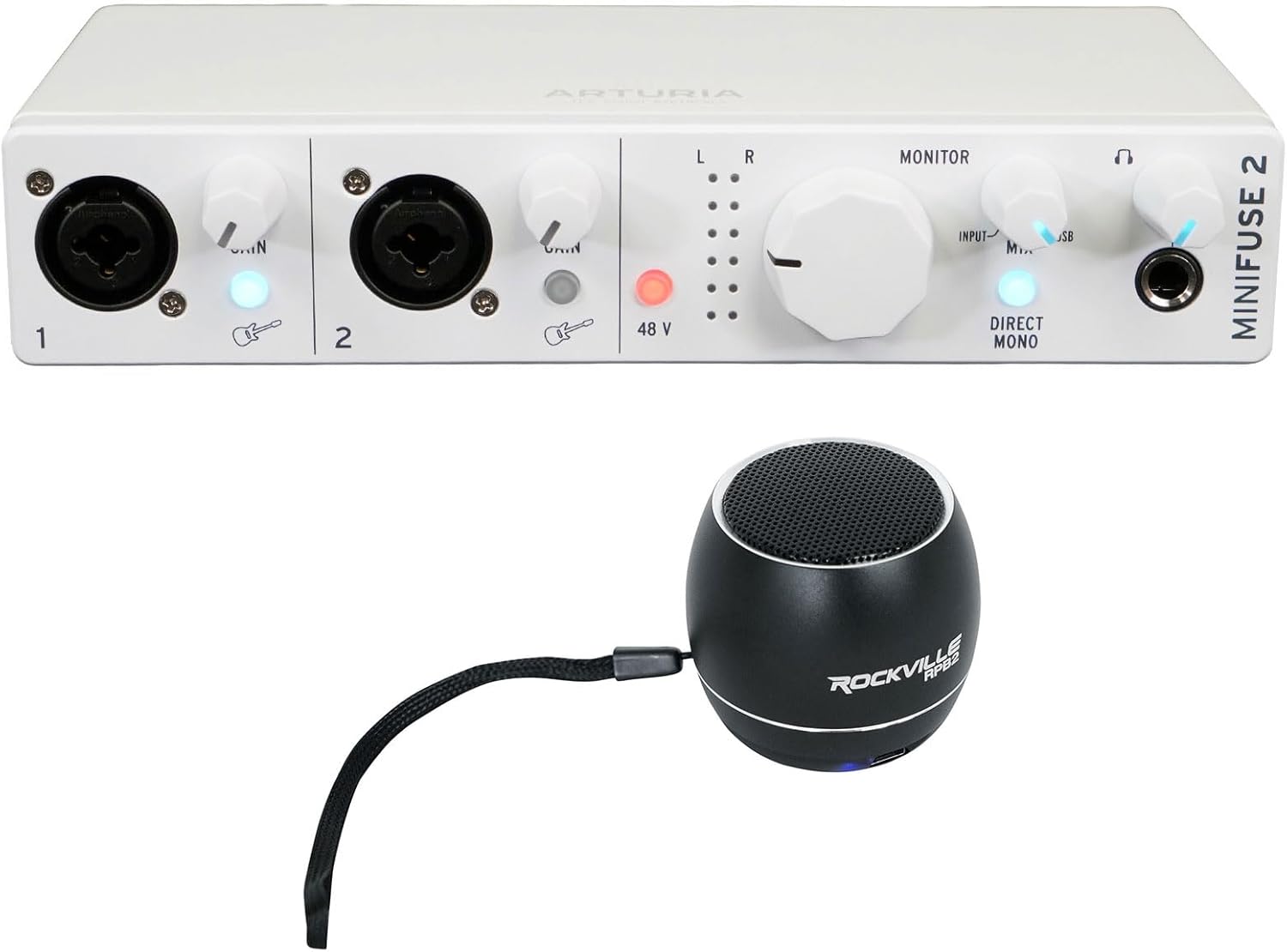 Audiosavings Bundle:(1) Arturia Minifuse 2 White 2x2 USB MIDI Audio Recording Interface+Software Bundle with (1) Rockville RPB2-BLACK Handheld Wireless Portable Bluetooth Speaker Great Sound (Items 2)