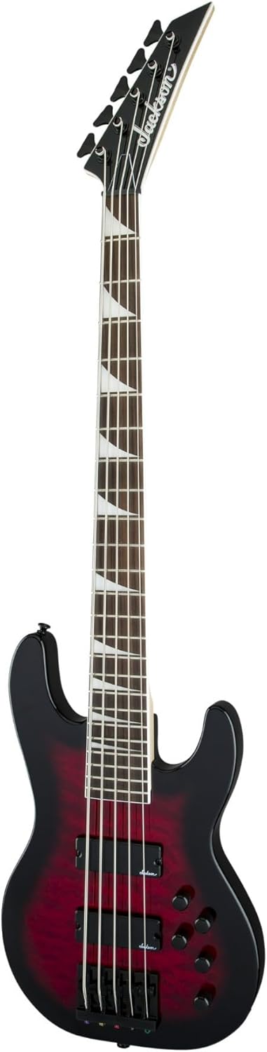 Jackson JS Series Concert Bass JS3VQ 5-String Electric Guitar (Right-Handed, Red Burst) Bundle with Polyester Protective Hardshell Gig Bag with Zipper Pocket (Black), and Steel Strings (3 Items)