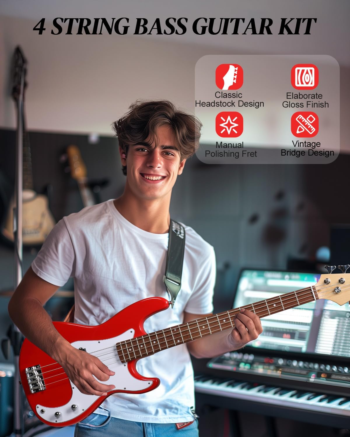 Ktaxon Full Size Bass Guitar 4 String Electric Bass Guitar Kit with Solid Wood Body, Dynamic Tone & Fantastic Hand Feeling Includes 20W Amp, Cable, Strap, Pick and Wrench(Red)