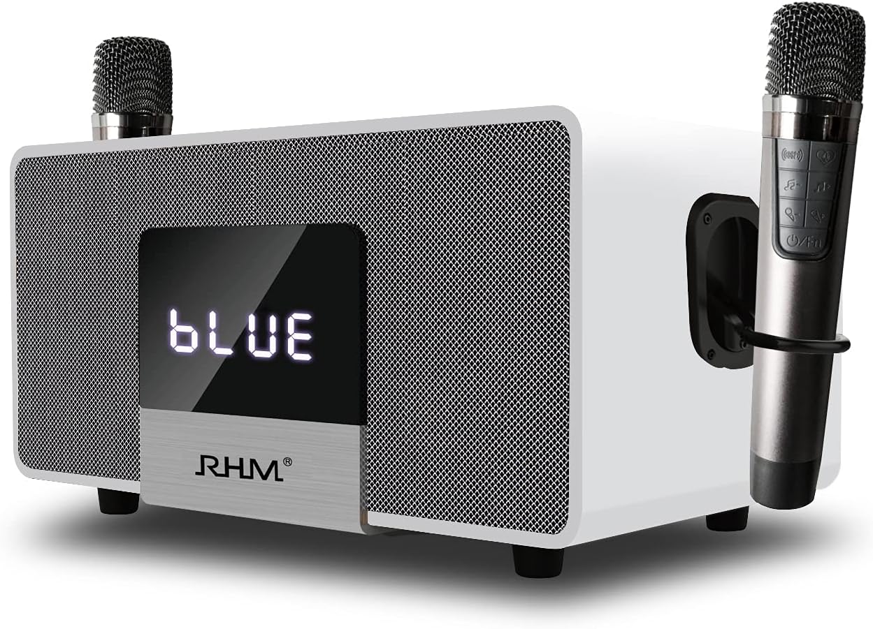 RHM K222 Karaoke Machine, Connect to TV via Optical or Bluetooth, with Powerful Sound, Deep Bass, 2 UHF Wireless Mics & 5 Music Modes, Support AUX/USB/PC, Wooden Karaoke Speaker for Home Party