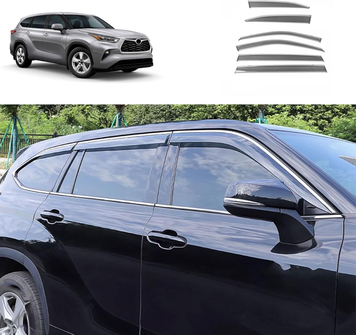 Side Window Deflector Visors Compatible with Toyota Highlander 2025 2024 2023 2022 2021 Acrylic Smoke Tinted Sun Rain Wind Guards Shield Vent Cover Exterior Car Accessories ABS (Black-6PCS)