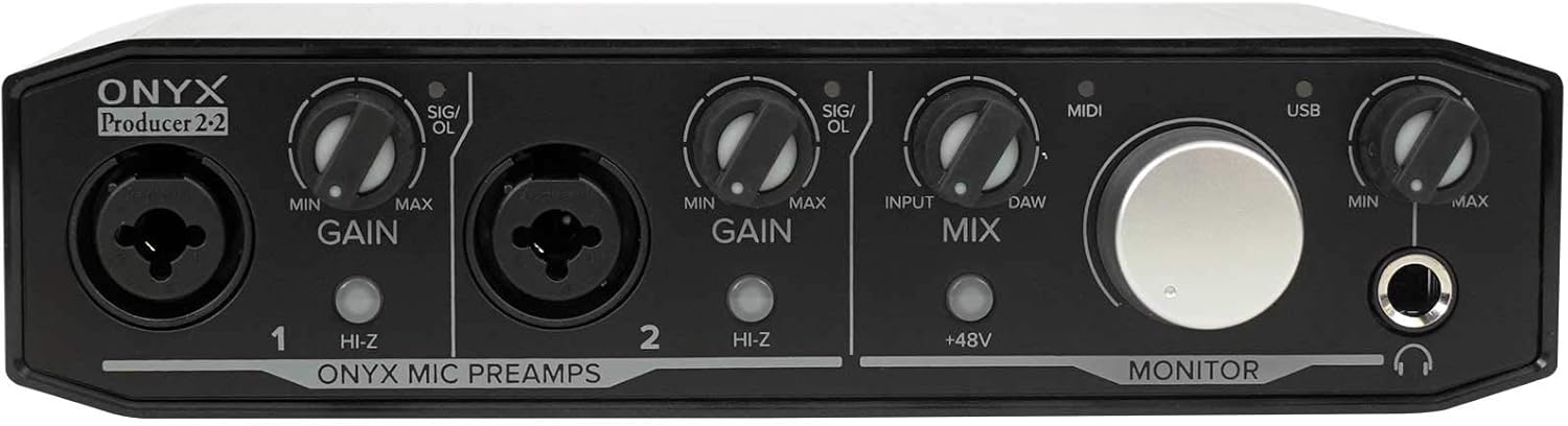 Mackie Producer Bundle with Onyx Producer interface, EM89D dynamic mic, EM91C condenser mic and MC-100 headphones.