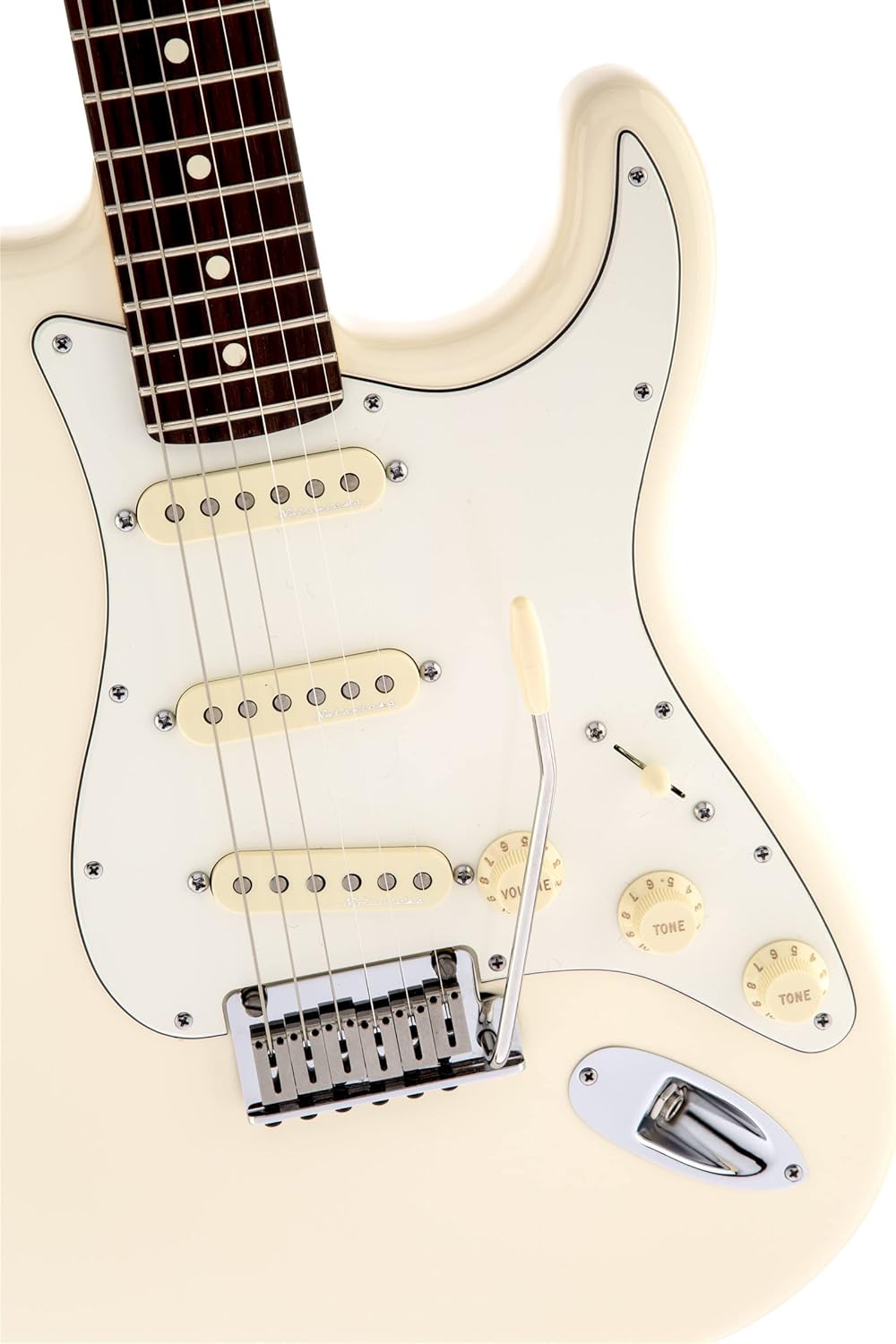 Fender Jeff Beck Stratocaster Olympic White Bundle with Premium Tweed Case, Instrument Cable, Tuner, Guitar Strap, Extra Strings, 24-Pack of Picks, and Austin Bazaar DVD