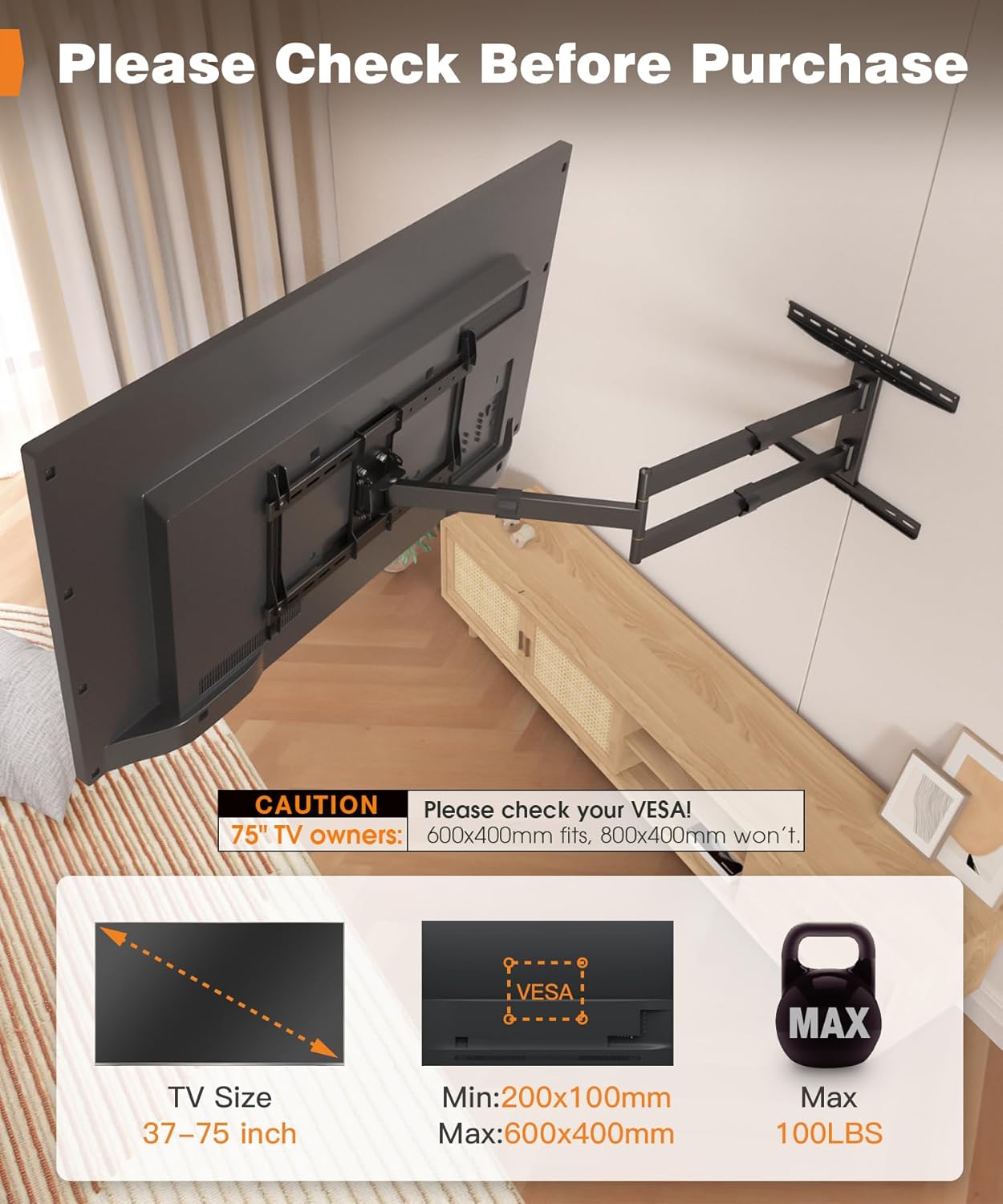 47” Extra Long Arm TV Wall Mount for 37-80 Inch TV, Full Motion Corner TV Mount with Extension Articulating Arm Swivel and Tilt, Max VESA 600x400mm, Fits 16