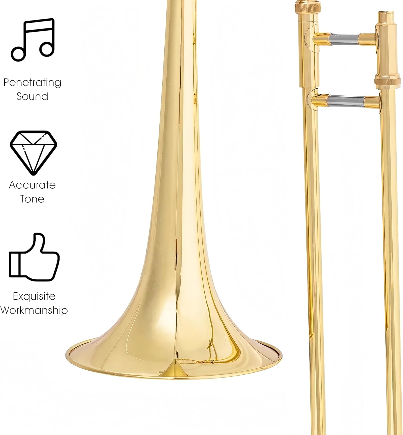 Bb Tenor Slide Trombone for Students Beginners, B Flat Brass Plated Trombone Instrument with Hard Case Mouthpiece White Gloves and Cleaning Kit (Gold)