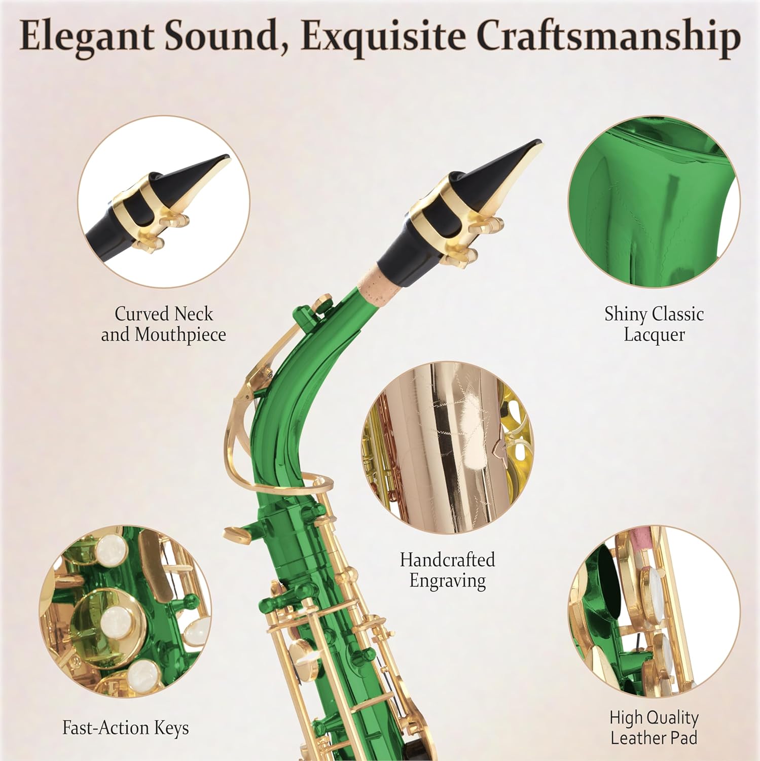 Mendini By Cecilio Alto Saxophone for Beginners, E Flat Alto Saxophone for Students Musicians with Tuner, Mouthpiece, Case, 10 Reeds, Grease, Cleaning Cloth & Rod, Gloves, Strap, Lesson Book (Green)