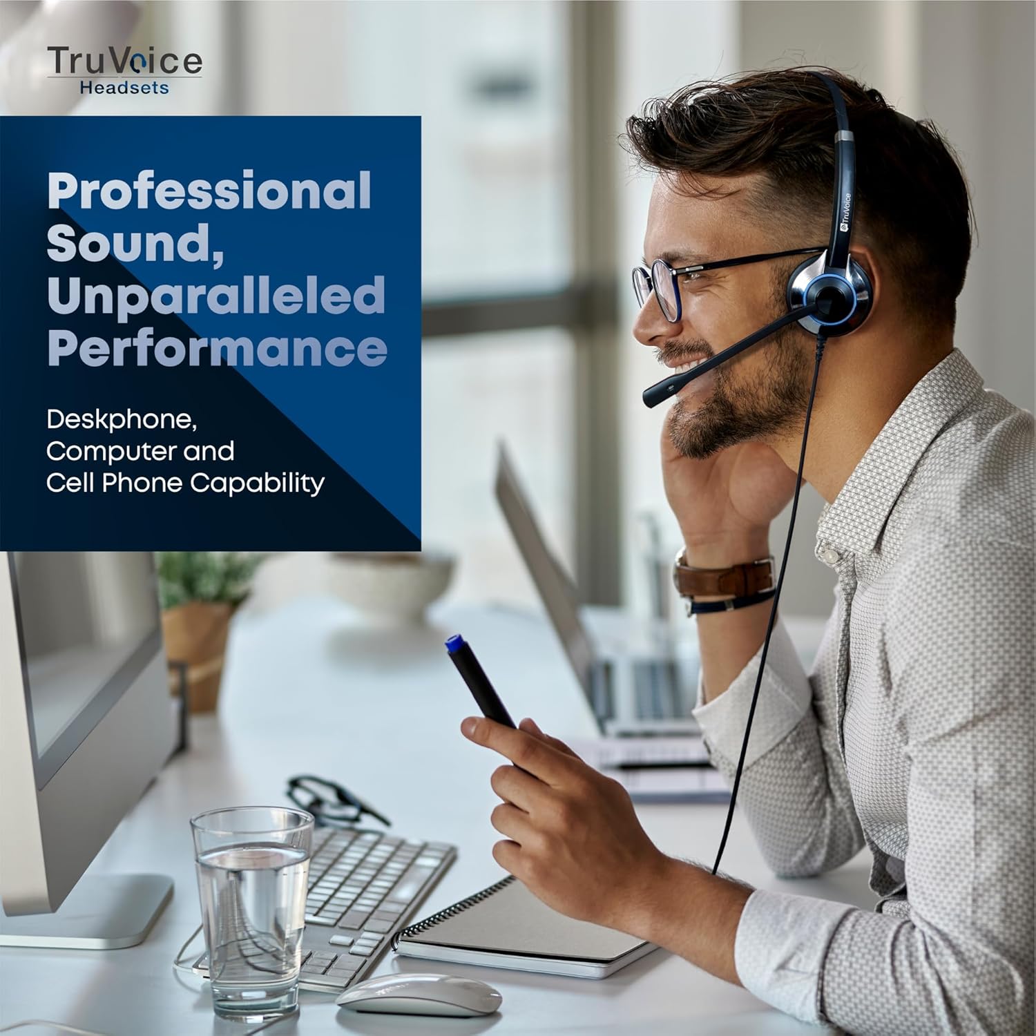 TruVoice HD-500 Premium Wired Headset for Office and Call Center | Noise Canceling Microphone & HD Speakers | Includes Amplified Cable Compatible with Avaya 16xx, 96xx and J Series Desk Phones