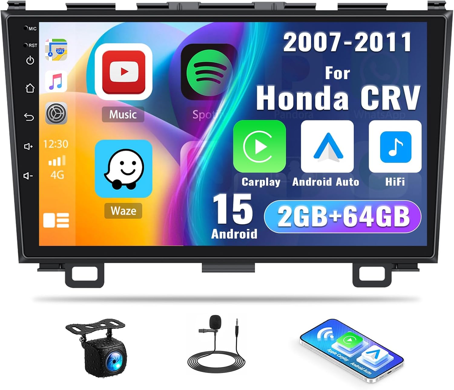 2G+64G Android 13 Car Stereo Radio for Honda CRV 2007-2011, 9 Inch Touch Screen in-Dash GPS Navigation, Wireless Apple Carplay Android Auto with Bluetooth, FM/RDS WiFi,EQ,USB + AHD Backup Camera&Mic