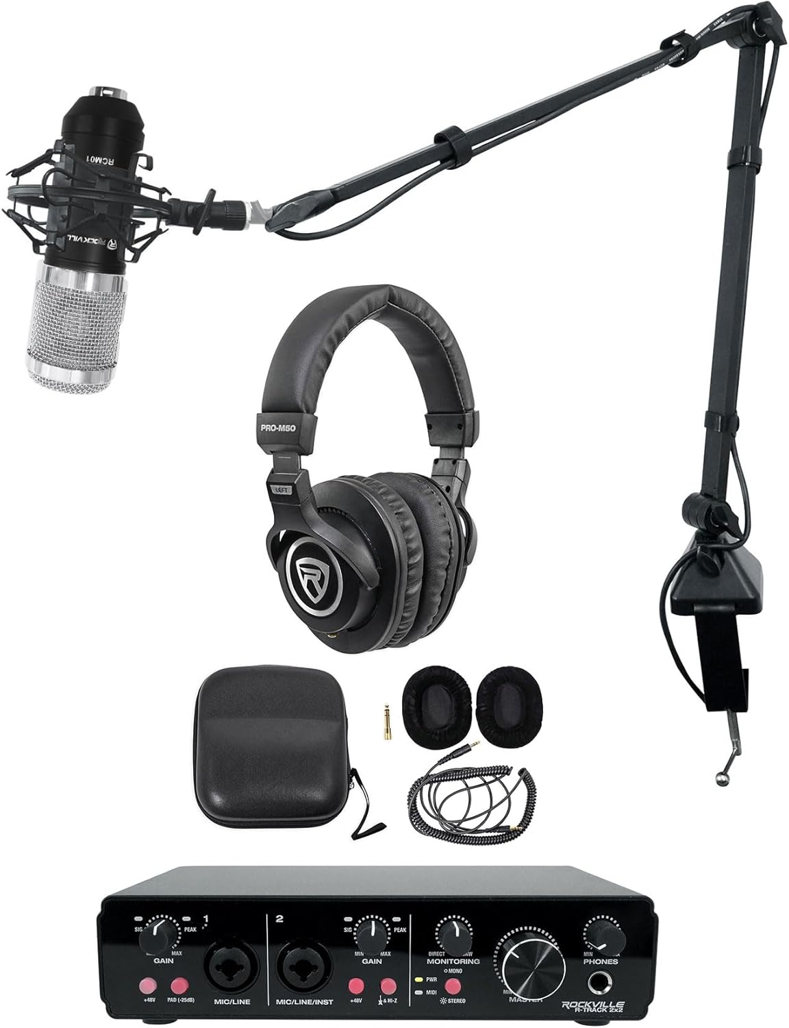 Rockville R-TRACK 2x2 Bundle: USB Audio Interface 24-Bit 192kHz with 2 Mic-Pres, RCM01 Condenser Mic and Shock Mount, PRO-M50 Headphones, R-BOOM 34 Boom Arm Stand, 4-items