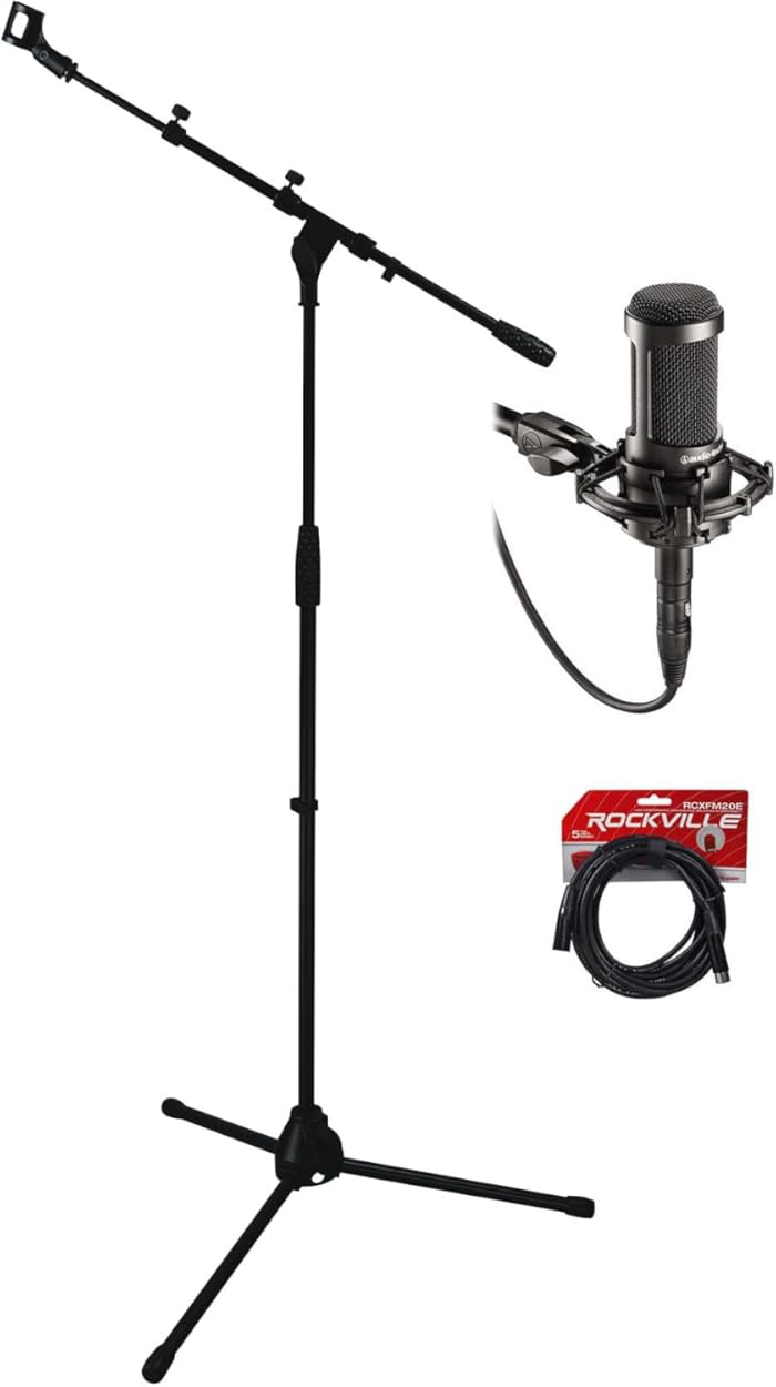 Audio-Technica AT2035 Side Address Cardioid Condenser Studio+Case Bundle with Rockville RCXFM20E-B 20 Foot Female to Male XLR Mic and RVMIC1 Stand with Boom & Tripod Base