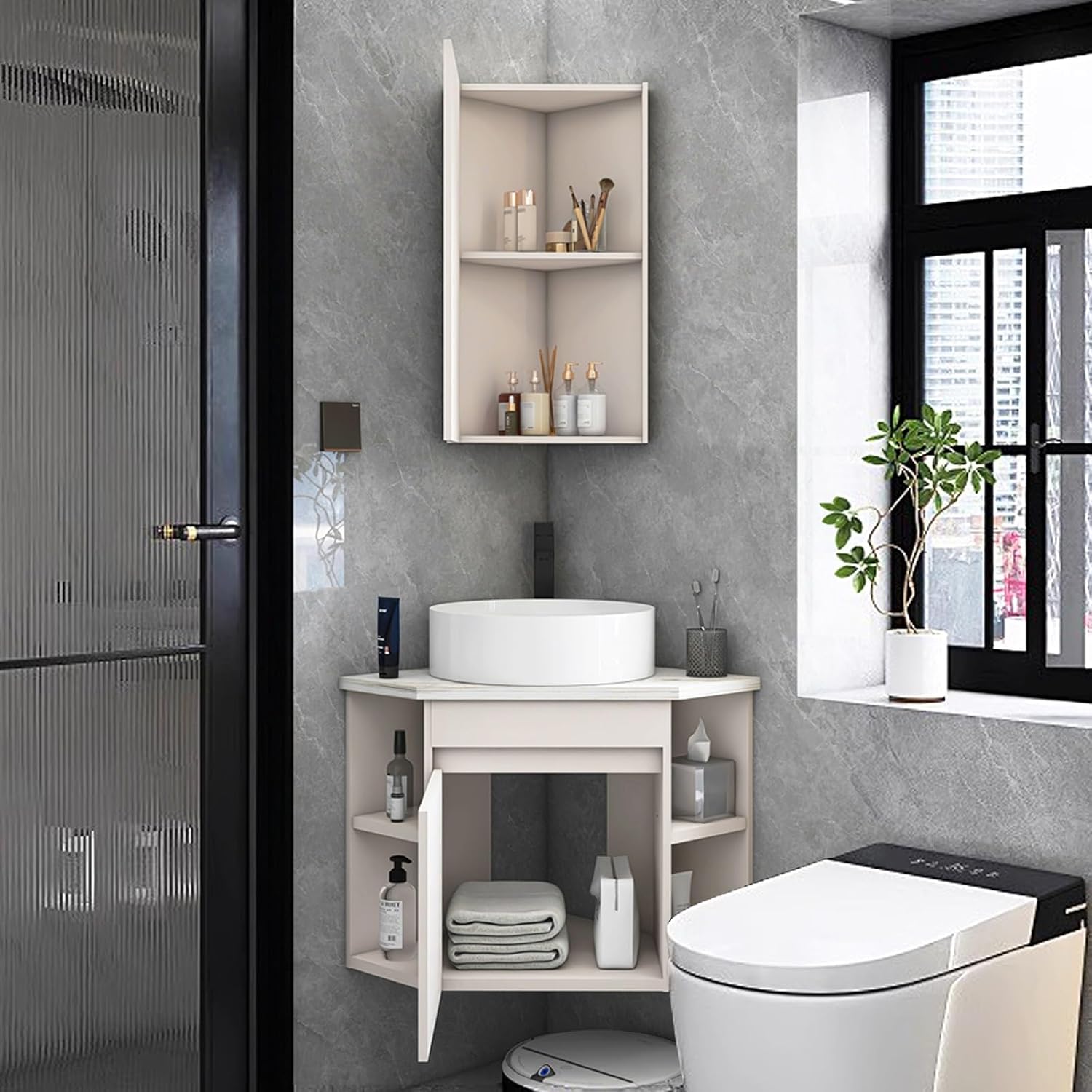 Corner Bathroom Vanity with Sink & Medicine cabinets, Wall Mount Corner Sinkwith PVC Cabinet, Pedestal Sink Set, Contain Hot and Cold Faucet, Drain, Console Sinks(56cm/22in)