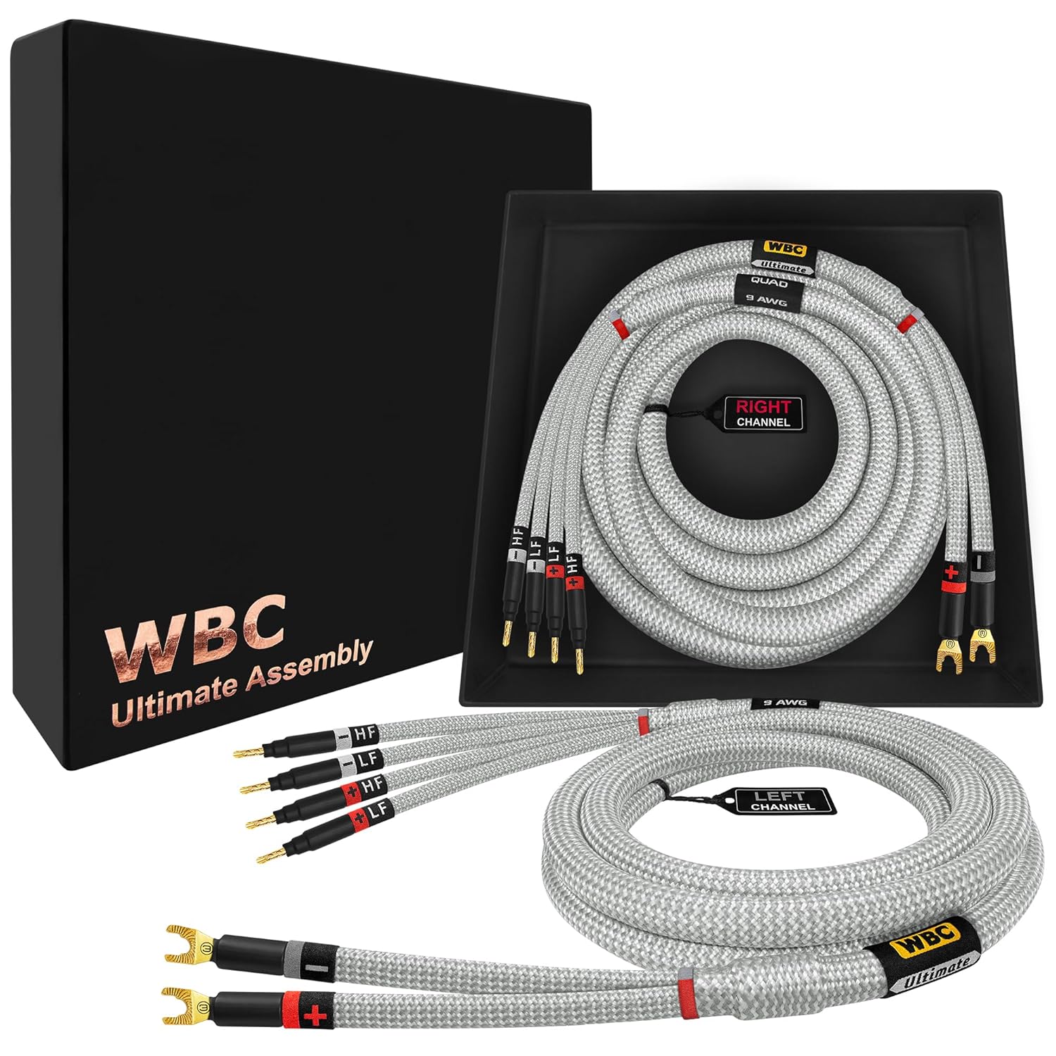 WORLDS BEST CABLES 3 Foot Ultimate - 9 AWG - Ultra-Pure OFC - Premium Audiophile HiFi Bi-Wire Speaker Cable Pair with Eminence Gold Spade (x2) & Banana (x4) Plugs & Silver Tweed Jacket