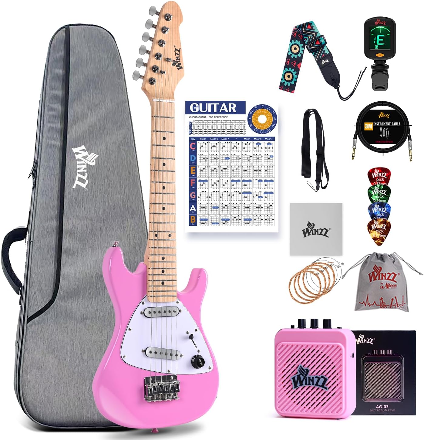 Winzz 30 Inch Kids Electric Guitar Beginner Kit, Junior 1/4 Size Mini Electric Guitar for Children Complete Stater Set with Amp, Gloosy Pink Colour