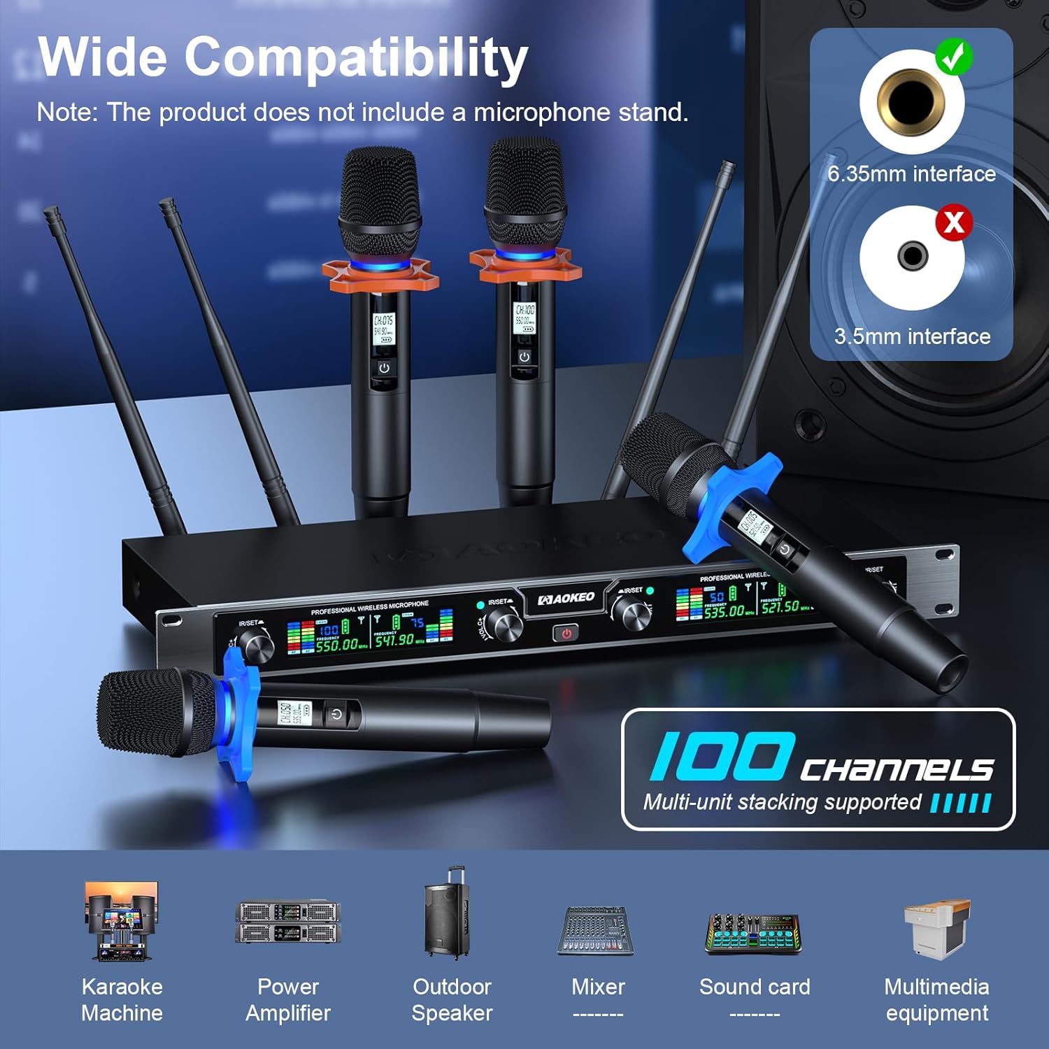 Aokeo Wireless Microphones System, 4 Channel UHF Wireless Mics,with 4 Handheld Dynamic Microphones,Metal Receiver for Karaoke,Singing,Wedding,Party,Speech