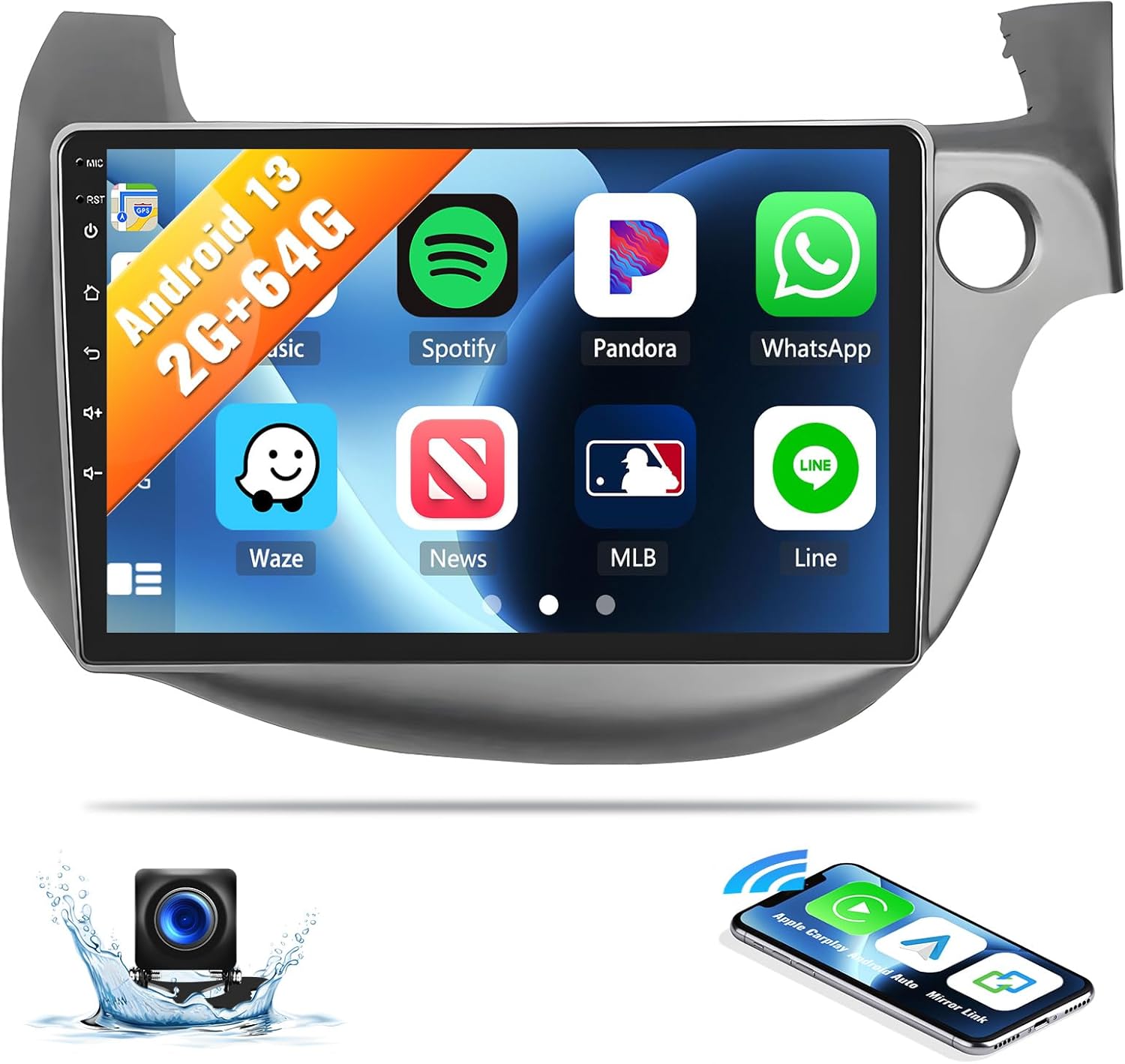 SIXWIN 2G+64G Android Car Stereo Radio for Honda Fit Jazz 2008-2013 Right Drive CarPlay Android Auto Mirror Link 10.1 Inch Touch Screen with GPS Navigation Bluetooth WiFi HiFi FM SWC Backup Camera MIC