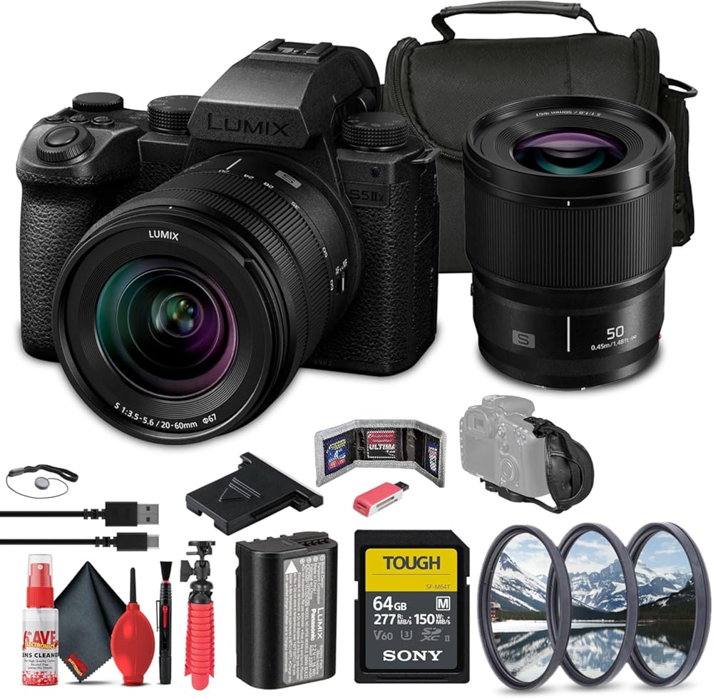 Panasonic Lumix S5 IIX Mirrorless Camera with 20-60mm and 50mm Lenses Kit (DCS5M2XW/W) + 64GB Memory Card + Filter Kit + Bag + Card Reader + Flex Tripod + Cleaning Kit + Memory Wallet + More