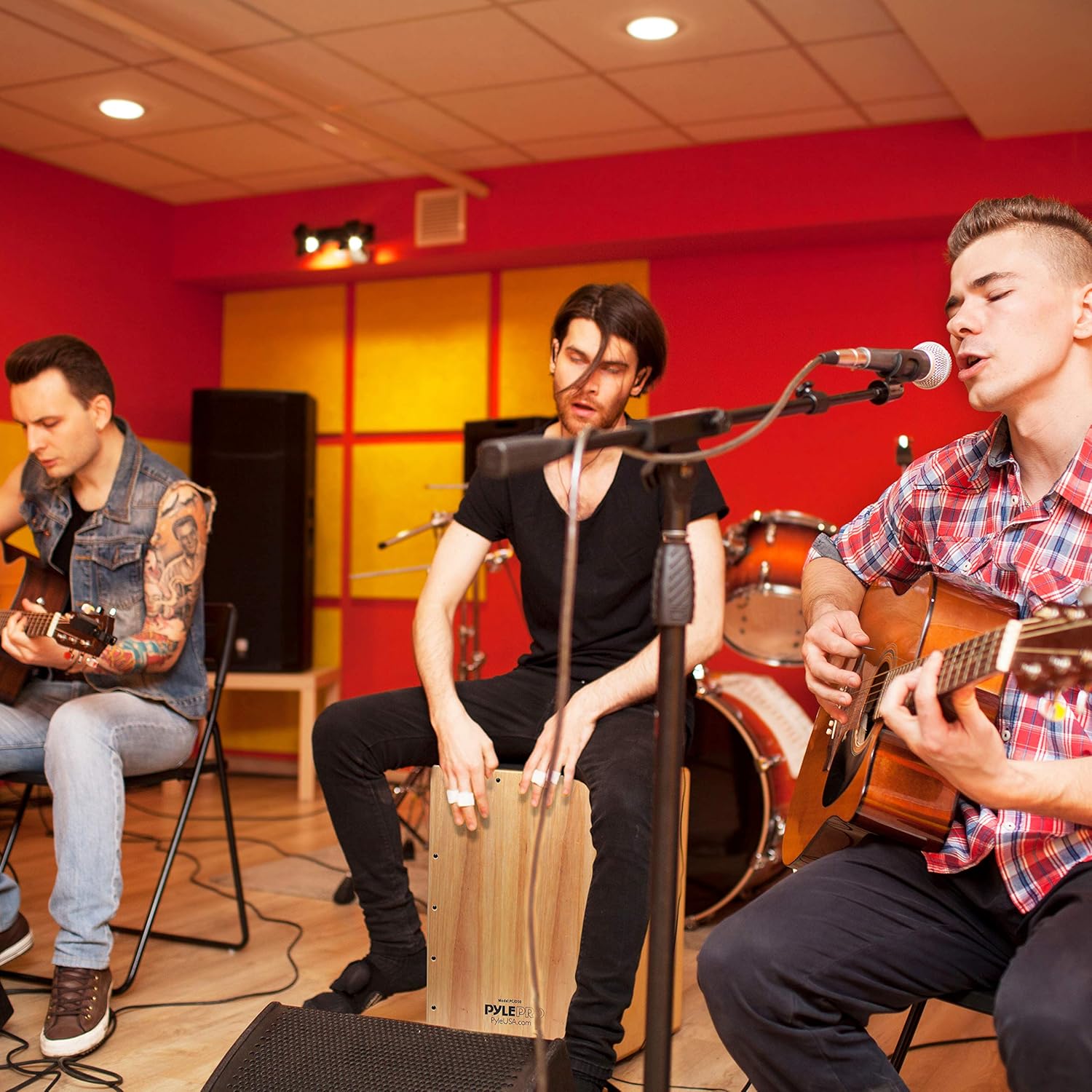 Pyle Wooden Hand Drum Percussion Beat Box-Hybrid Electronic Style Acoustic E-Cajon w/Built-in Pickup Connector, Internal Guitar Snare String PCJD50