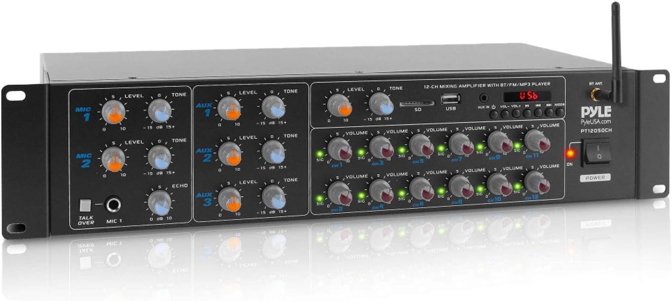 Pyle 12 Channel Power Amplifier w Bluetooth Wireless- 600W Max Power Rack Mount Amplifier with Multi-Zone Sound Mixer–RCA, USB and AUX inputs-Great for Restaurant, Theater, Studio or Stage- PT12050CH