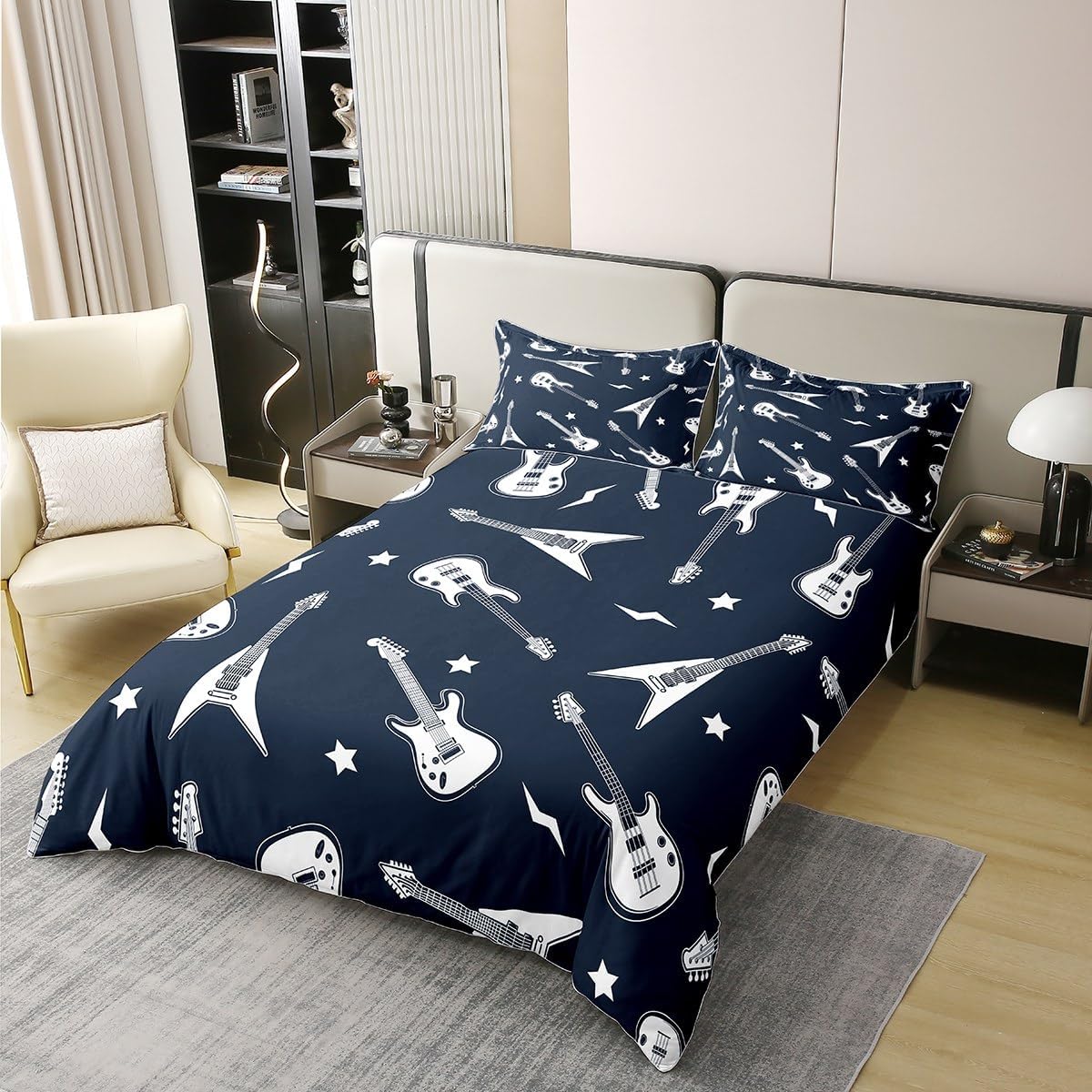 Manfei King Size 100% Cotton Guitar Bass Duvet Cover Music Theme Guitars Bedding Set Boys Girls Funny Musical Instrument Soft Comforter Cover Kids Bedroom Decor,No Comforter,Navy Blue