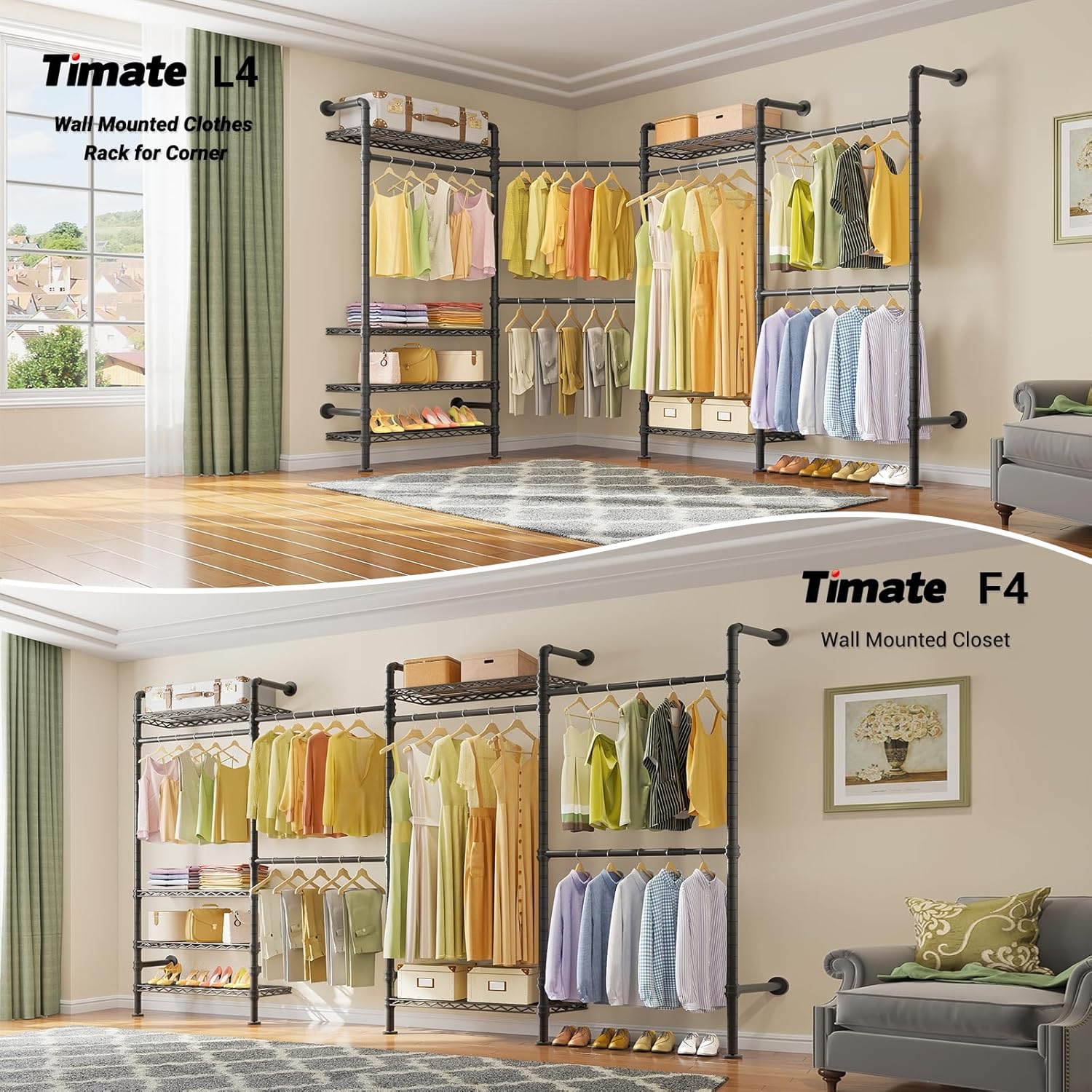 Timate L4 L Shape Garment Rack Heavy Duty Clothes Racks for Hanging Clothes, Expandable Industrial Pipe Clothing Rack Wall Mounted Closet Racks Wardrobe Closet Kit Corner Closet System, Black