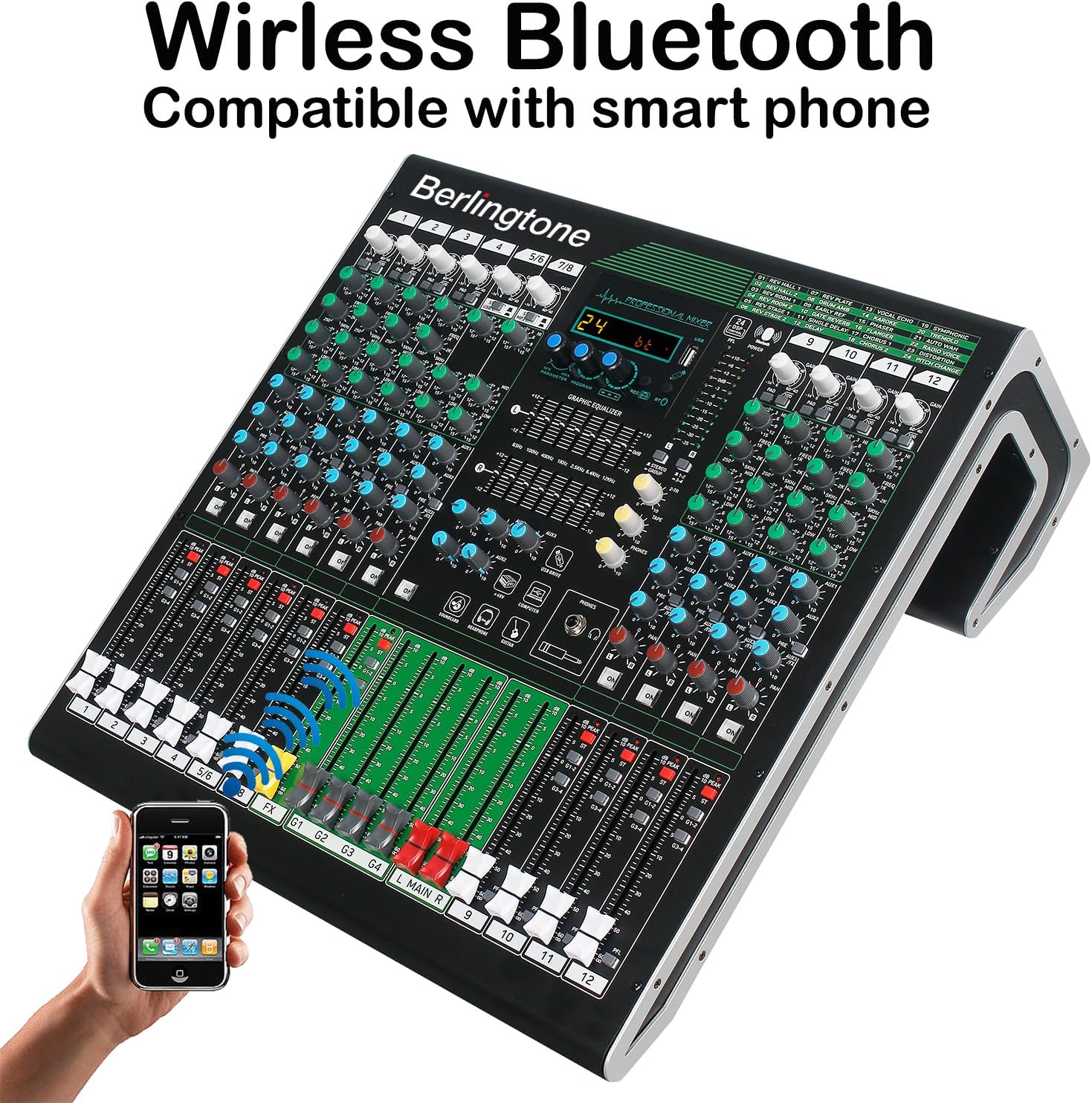 12-Channel Professional Bluetooth Analog Audio Mixer with USB, PC Recording, 24 DSP Effects, 48V Phantom Power, 10 Microphone Jack, 14 Band EQ, RCA Input/Output, Unpowered (BR-212MX)