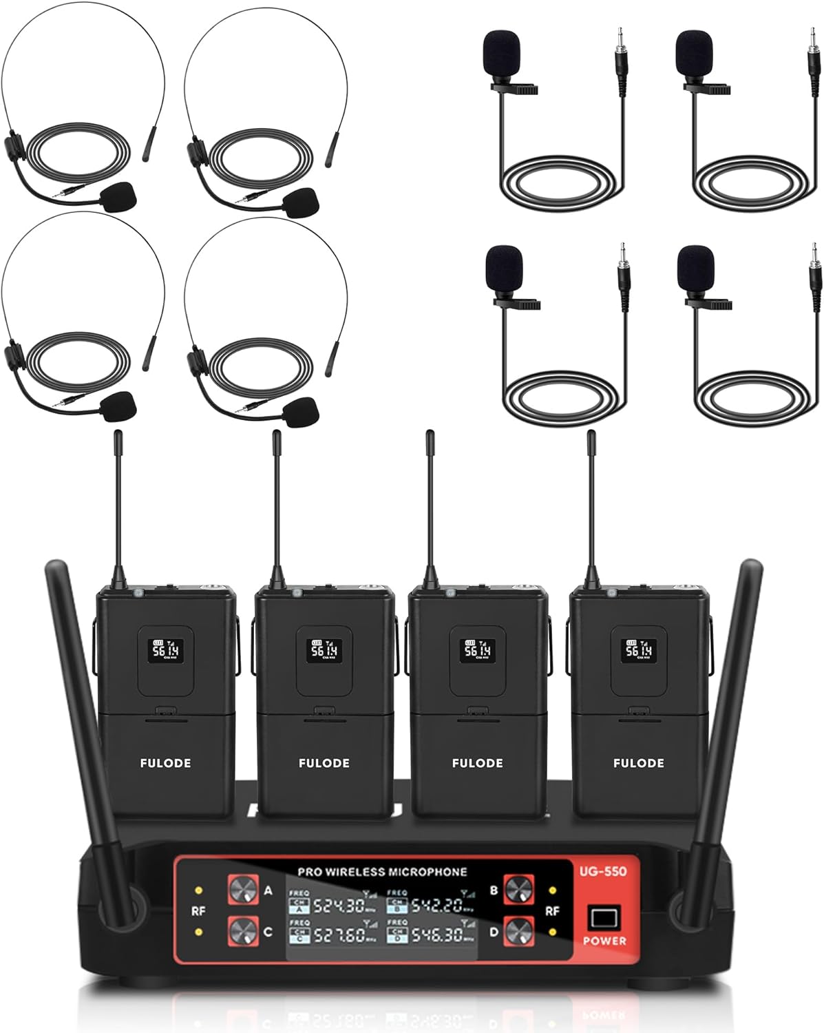 UG-550 Lapel Microphone Wireless Lavalier System, 4 Channel Professional UHF Microphone System with 4 Lavalier 4 Headset Mics for Singing Meeting Church Event TV Speaker (4 Bodypack)