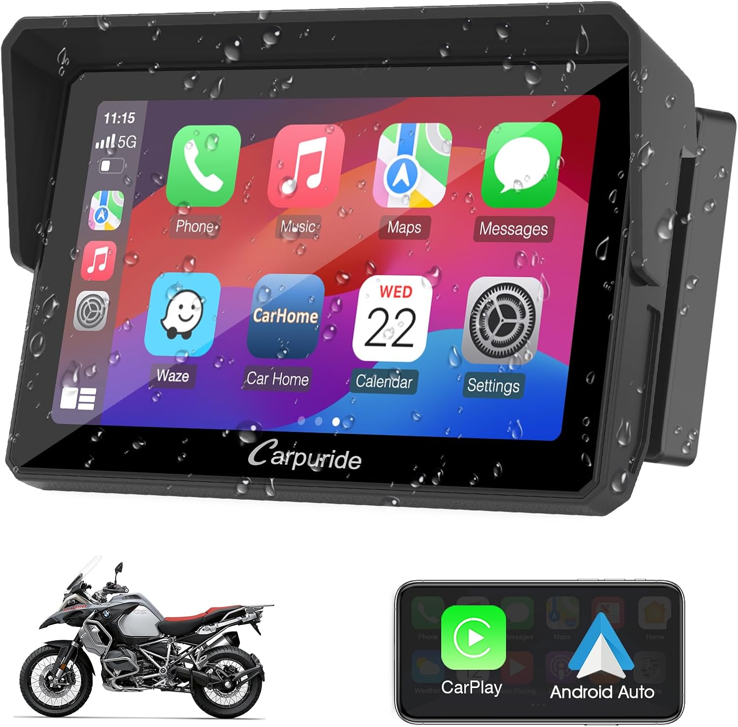 Carpuride w502b Motorcycle Carplay Screen for BMW R1200GS R1250GS S1000XR Motorcycle, 5 inch Waterproof Touchscreen, Portable Carplay/Android Auto GPS Navigation for Motorbike, Dual Bluetooth