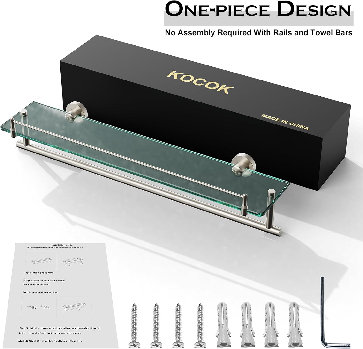 Glass Shelf for Bathroom 2 Pack,24-Inches Floating Glass Shelves Towel Bar/Track(Brushed Nickel)