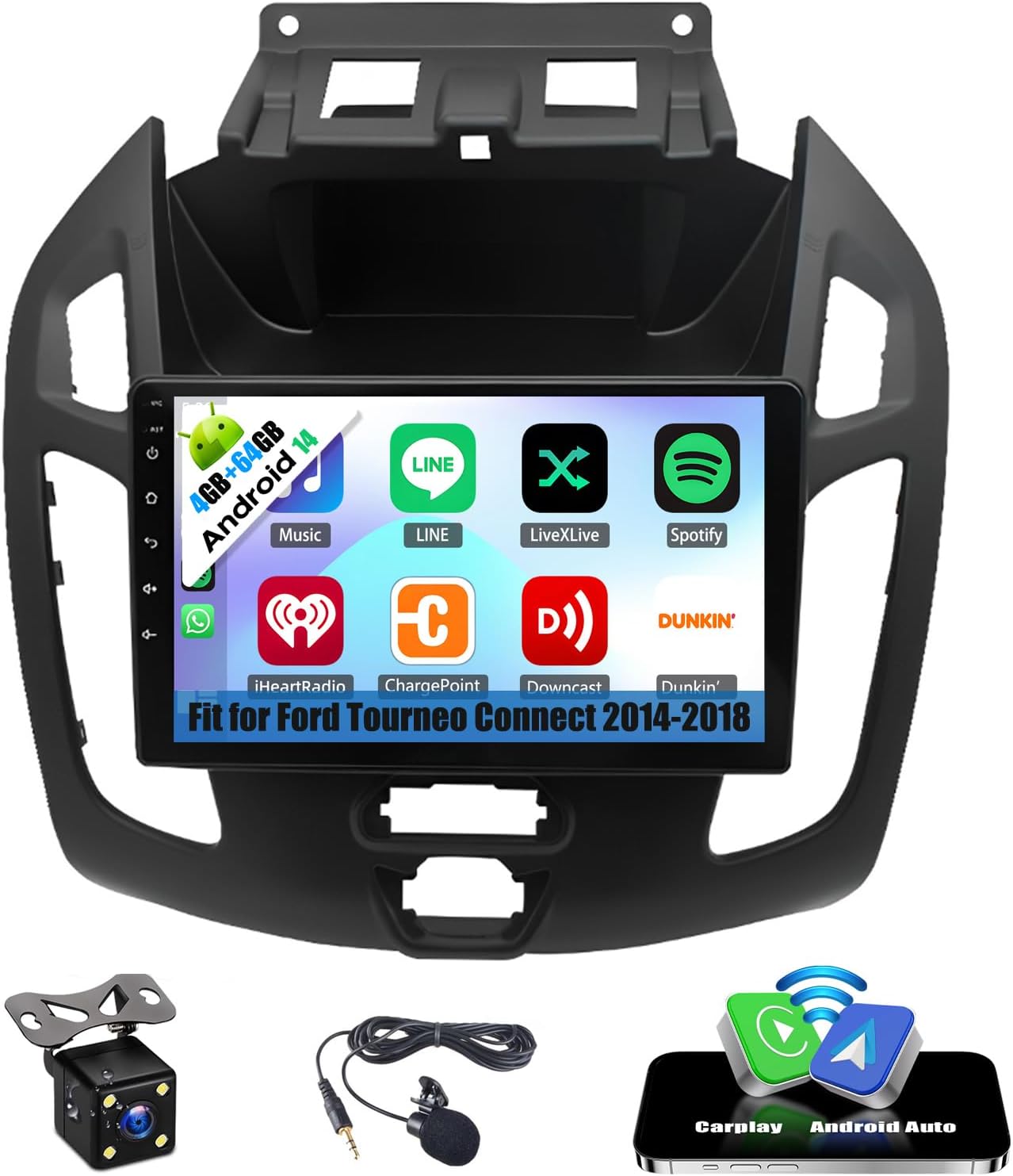 Android 14 Car Stereo Fit for Ford Tourneo Connect 2014-2018 Radio Upgrade 9inch Touch Screen with Wireless Carplay Android Auto Backup Camera Mirror Link GPS SWC WiFi FM, 4+64G