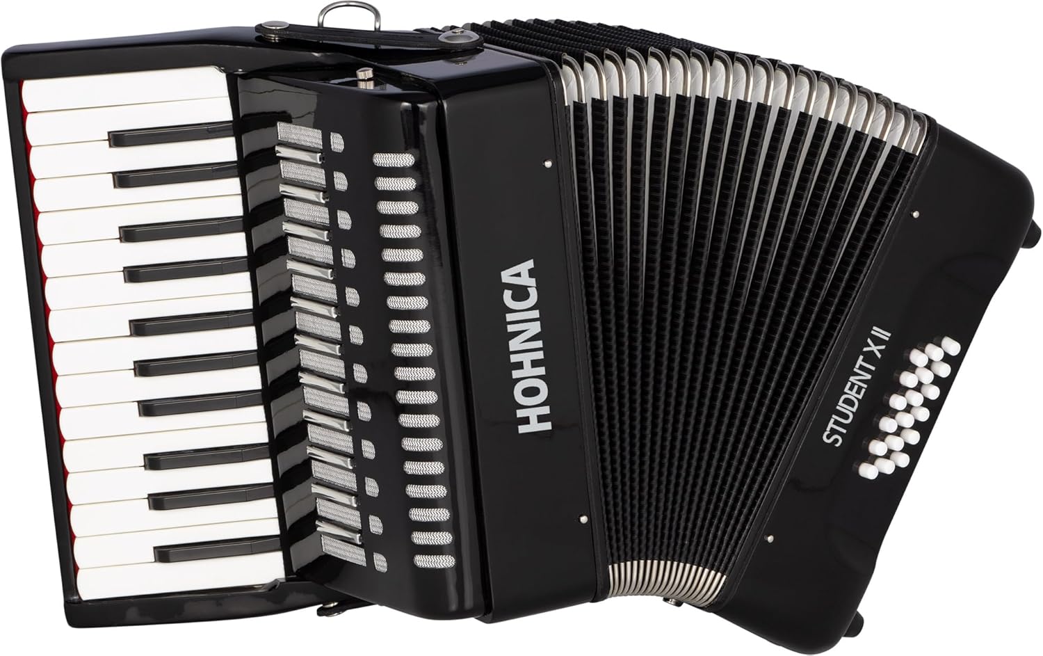 Hohner Hohnica Student XII 44-Key 18 Bass Piano Accordion - Black Bundle with Gig Bag, Adjustable Stand, and Austin Bazaar Polishing Cloth