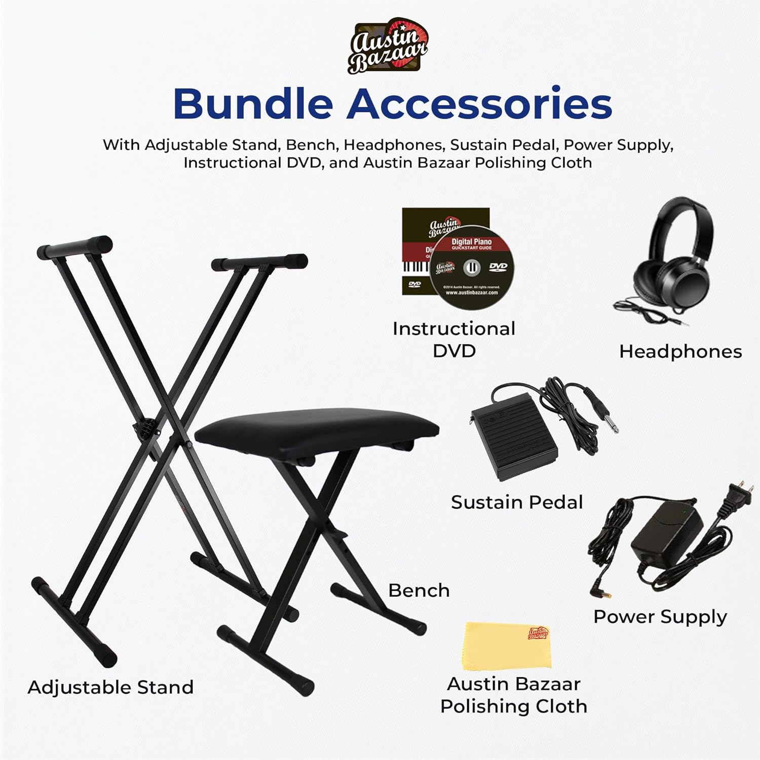 Casio CT-X700 Portable Keyboard Bundle with Adjustable Stand, Bench, Headphones, Sustain Pedal, Power Supply, Instructional DVD, and Austin Bazaar Polishing Cloth