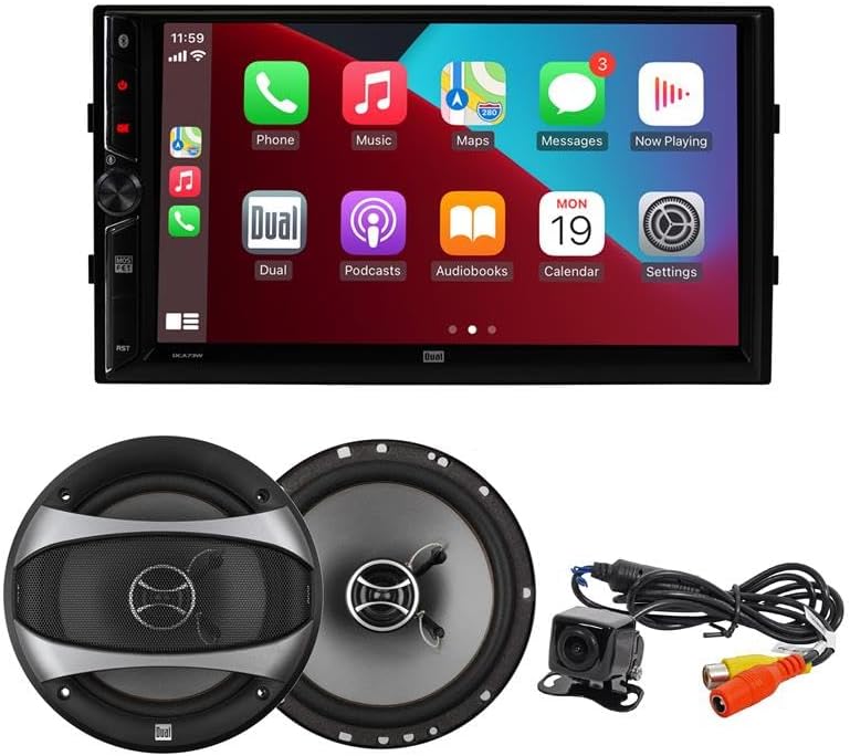 Dual Electronics DCA73W 7-inch Certified Apple CarPlay Android Auto Wired or Wireless Car Stereo with XCAM150 Backup Camera & D65SP 6.5 inch Speakers Bundle