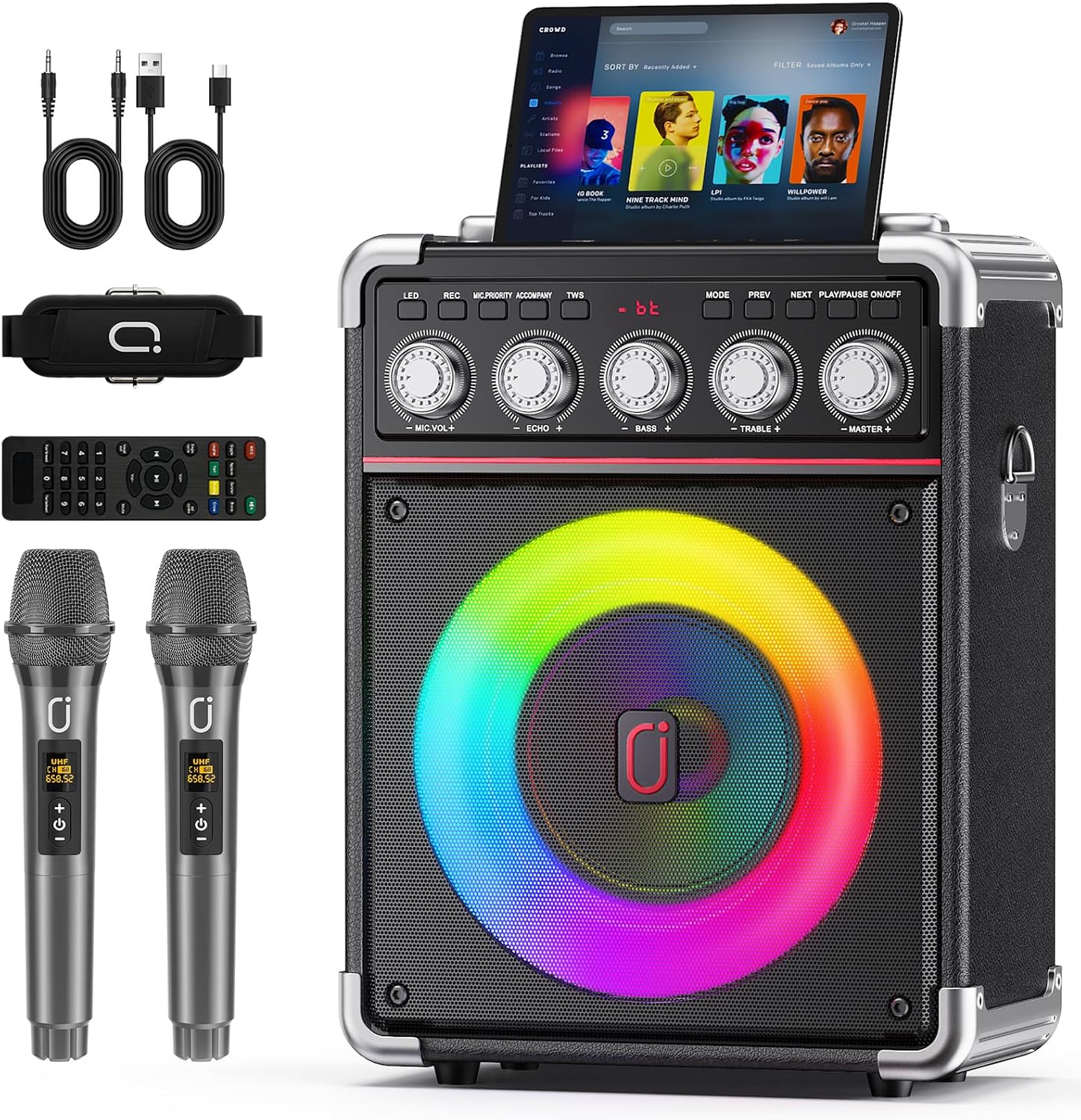 Karaoke Machine for Adults with 2 Wireless Microphones, Portable Bluetooth 5.3 Speaker with Bass/Treble/Echo Adjustment, PA System with Remote Control, Supports TWS/TV/TF Card/USB/AUX