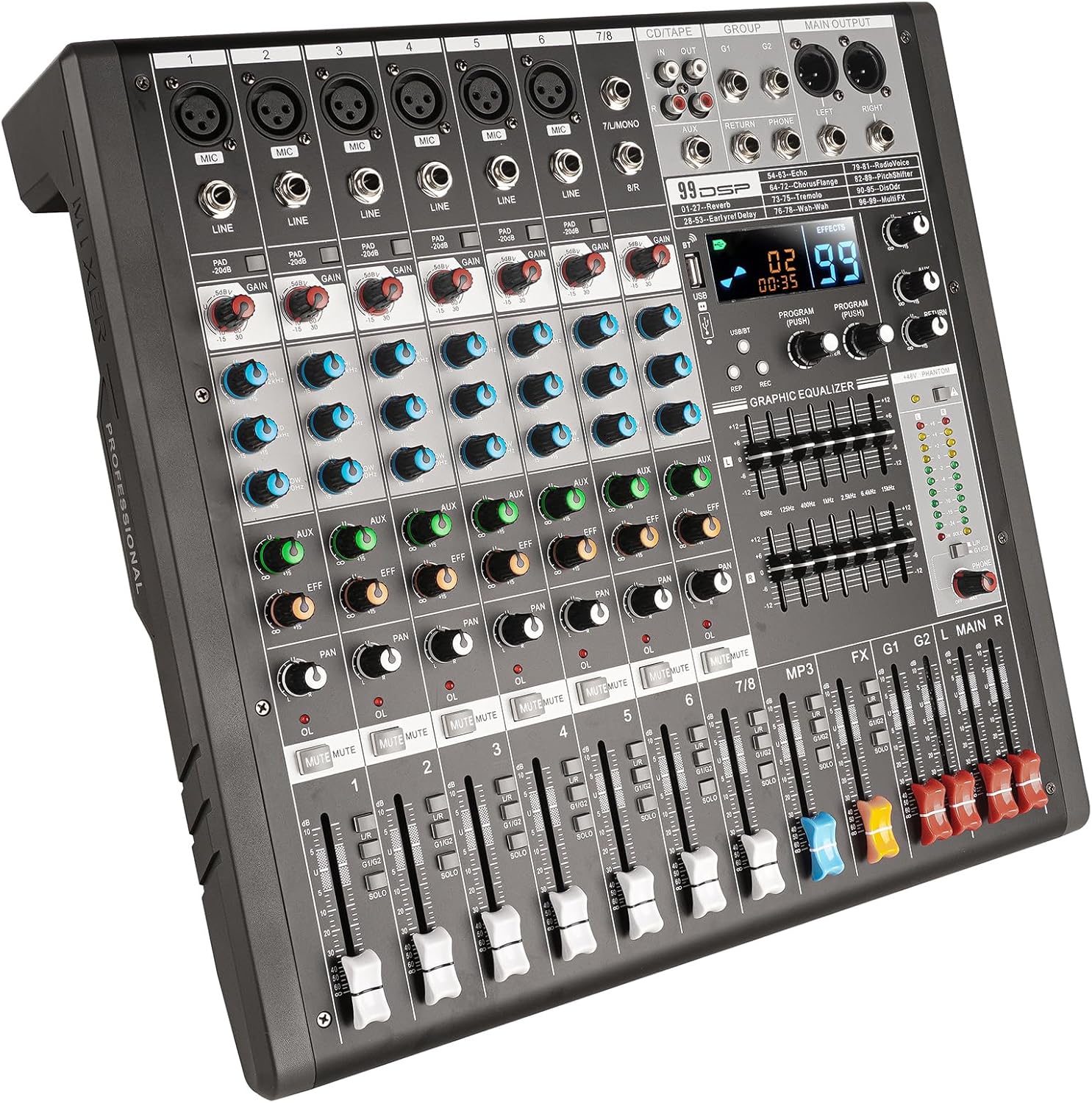 EX8 8-Channel Mixer and Sound Card Interface with Bluetooth/MP3, Dual 7 Band EQ+99 Reverb Effect for Home Studio, Podcast, Live - Desktop Digital Mixer Console for PC/DAW Recording