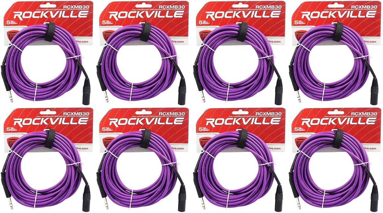 Rockville RCXMB30-P XLR to 1/4 in TRS Balanced Audio Cables, REAN Nickel Plated, OFC Copper, 30 Ft Purple, 8-Piece