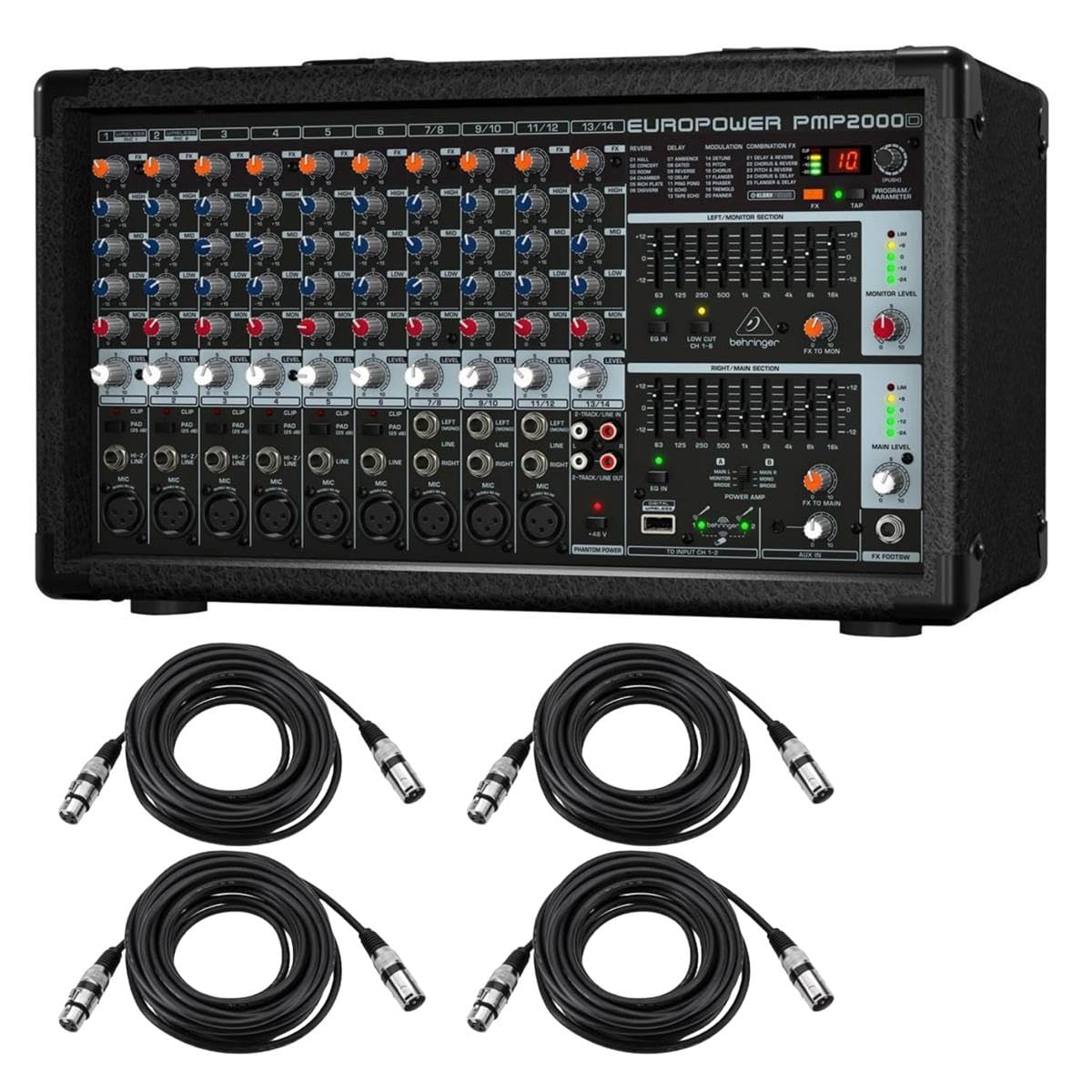 Behringer EUROPOWER PMP2000D 2000-Watt 14-Channel Powered Mixer - With 4x 25' XLR Microphone Cables
