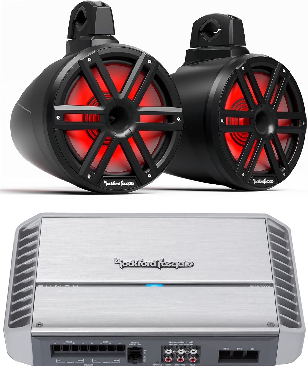 Rockford Fosgate 1 Pair M2WL-10HB 10-Inch Black Color Optix™ 2-Way Horn Loaded Tower Speakers with PM600X4 4 Channel Marine Amplifier