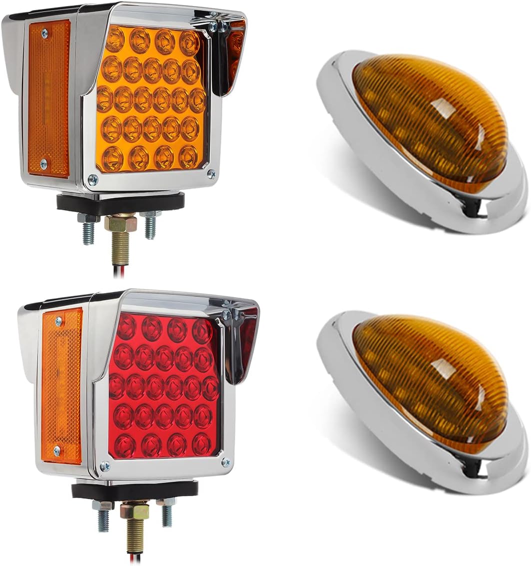Partsam Pair Truck Trailer 52 LED Red/Amber Square Double Face Pedestal Fender Stop Turn Tail Lights Three Stud Mount Bezel Visor Waterproof & 2Pcs 6