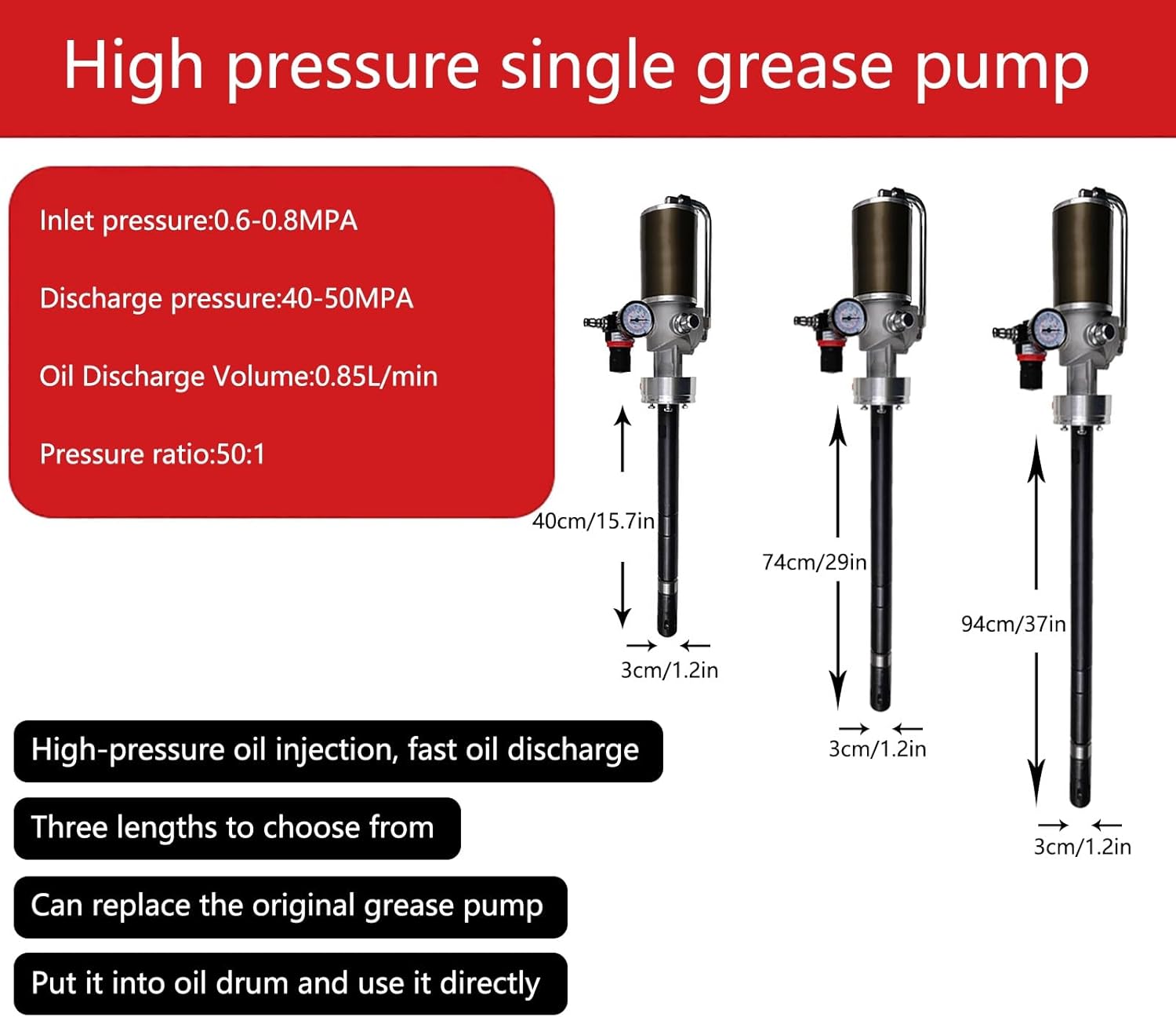 Pneumatic Grease Pump With A Discharge Capacity Of 0.85L/min, Pressure Ratio Of 50:1, Suitable For 5-gallon Drums, For Automotive, Machine Tool And Industrial Lubrication.(Pole length 40cm/15.7in)