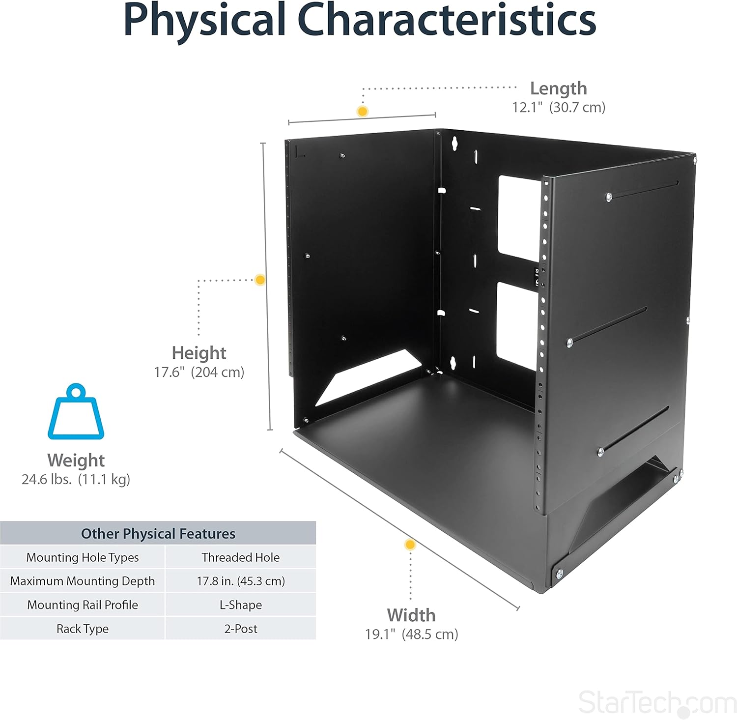 StarTech.com 2-Post 8U Open Frame Wall Mount Network Rack with Built-in Shelf, Wall Mount Data Rack with Adjustable Depth for AV / Computer / IT Equipment, TAA Compliant Server Rack (WALLSHELF8U)