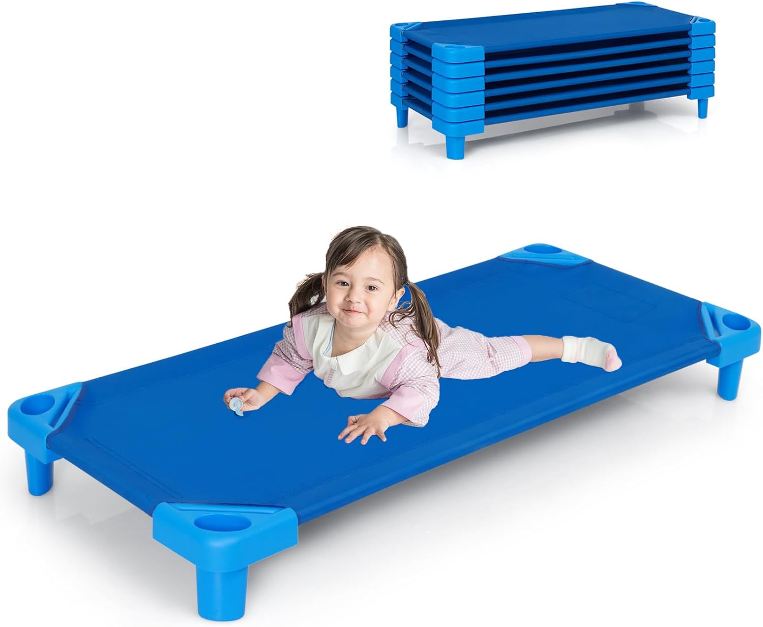 Daycare Cots, 6-Pack Stackable Nap Bed Cot with Easy Lift Corners, Portable Children Sleeping Cots for Preschool Classroom, Nursery, Ready-to-Assemble (Blue)