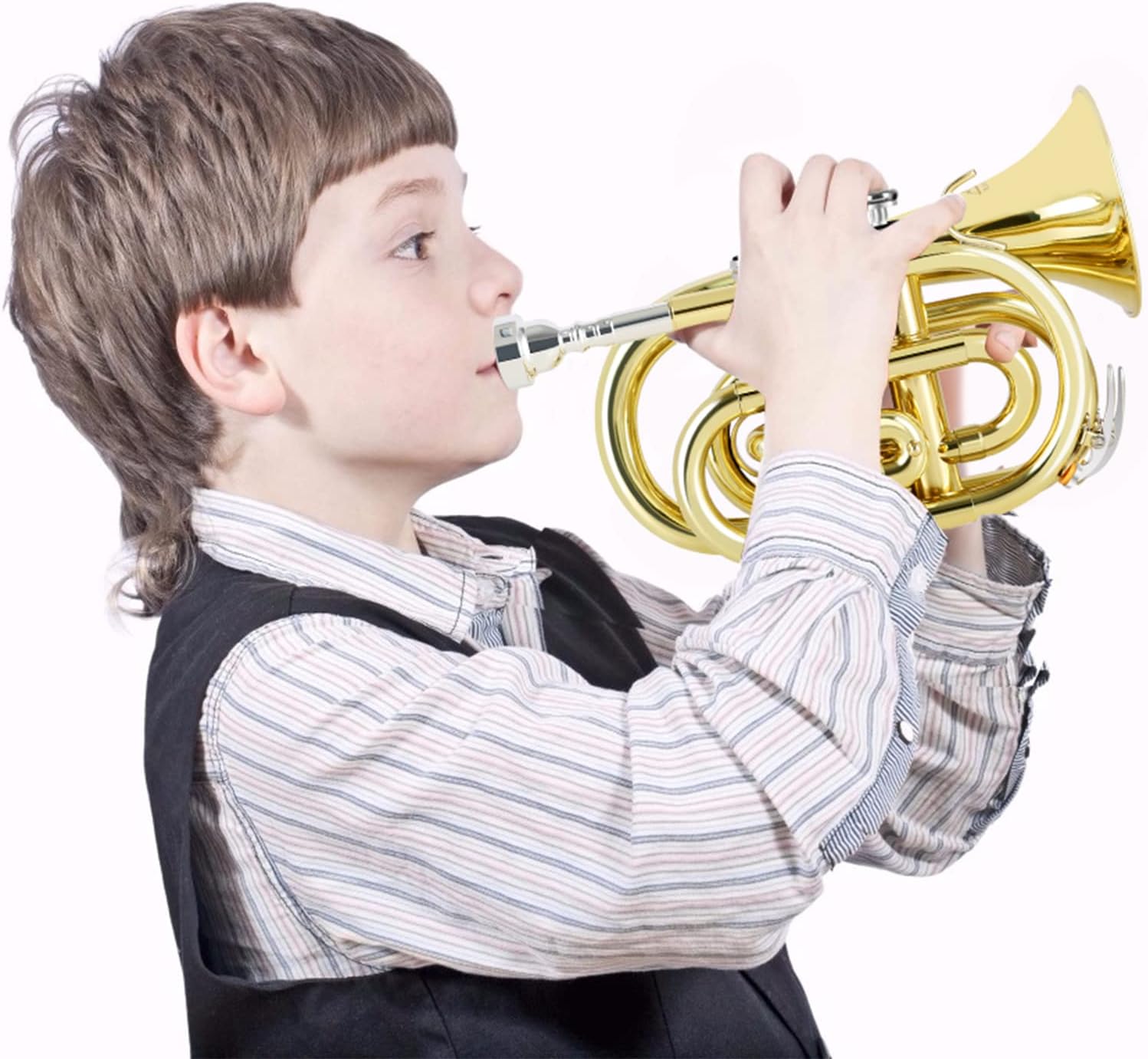 EASTROCK Pocket Trumpet Brass Bb Gold Lacquer Mini Trumpet with 7 C Mouthpiece, Hard Case, Strap, White Gloves, Cleaning Kit for Students and Beginners