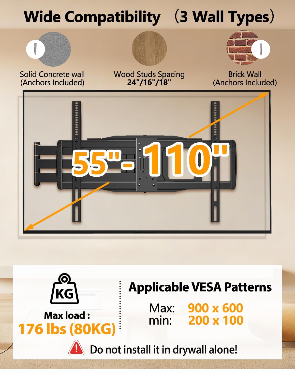 FORGING MOUNT 43–110 inch Long Arm Full Motion TV Wall Mount Holds 176 lbs, VESA 900x600mm, 42.8″ Long Extension for Screen Centered on Living Room,Heavy Duty TV Mount, Tilt, Fits 12″/16″/24″ Studs,