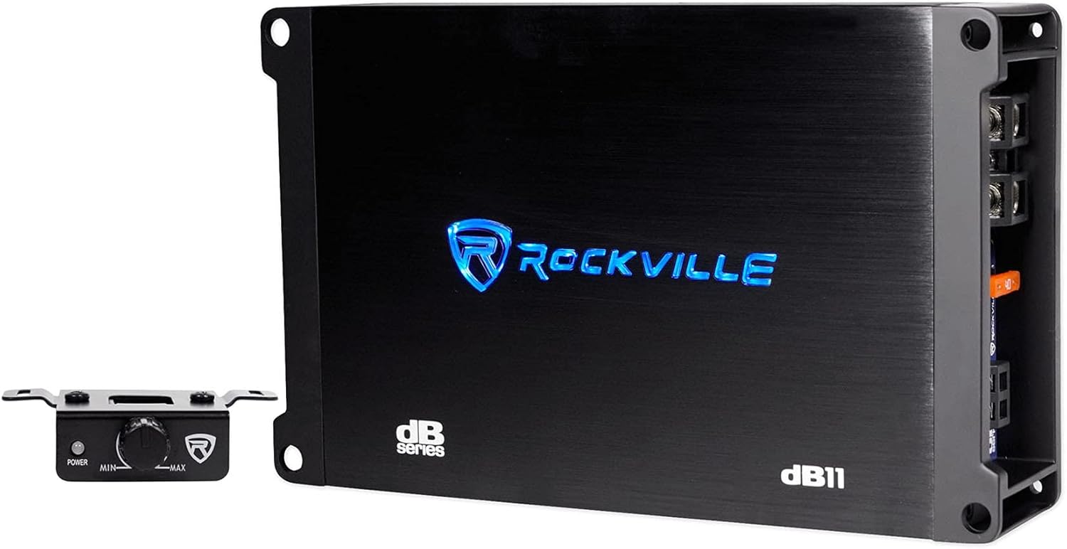 Rockville dB11 1400W Peak/350W RMS Mono 2-Ohm Class-D Car Amplifier, Wired Bass Remote, Compact Size, Low THD, for Powerful Car Audio