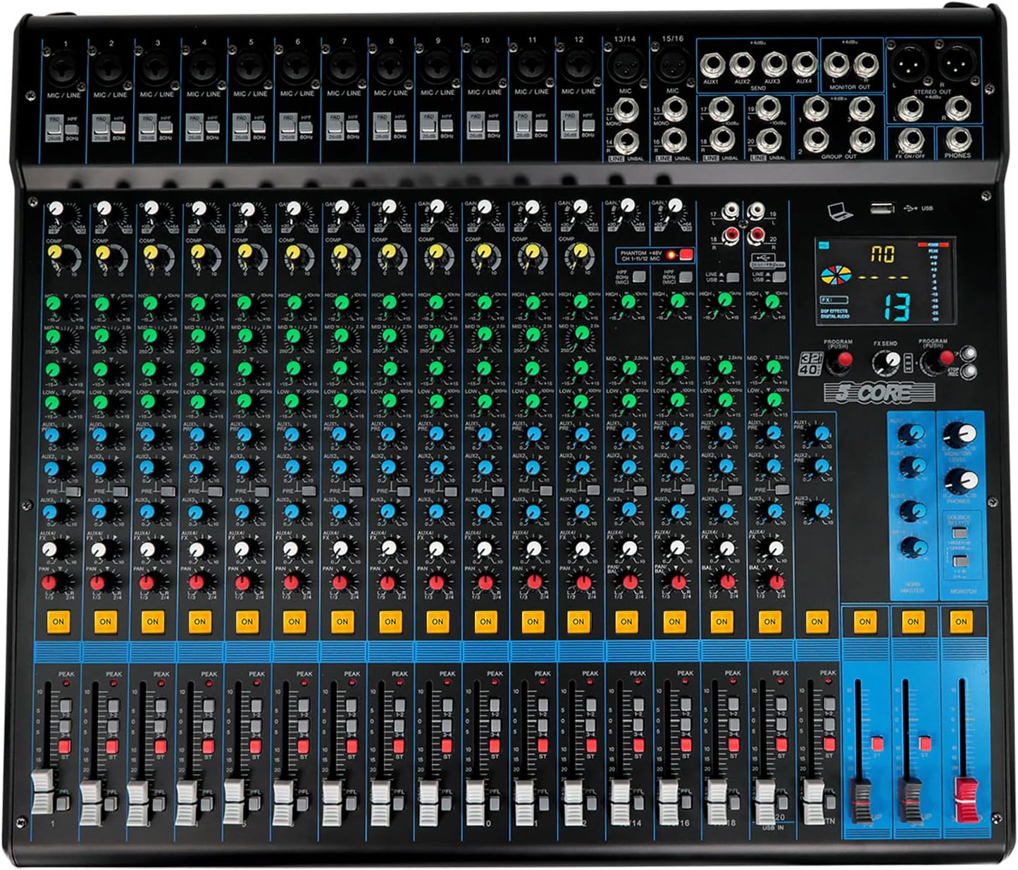 5Core DJ Audio Mixer 20 Channel Professional Stereo Sound Board w 256 digital effects USB Bluetooth 48V Phantom Power Consola De Audio for Studio Recording Podcasting DJ Show - MX 20CH XU