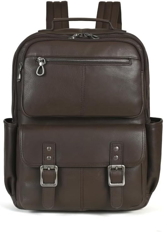 Casual Genuine Leather Backpack for Men Daily Commuter College Laptop Backpack with Gift Box (Brown)