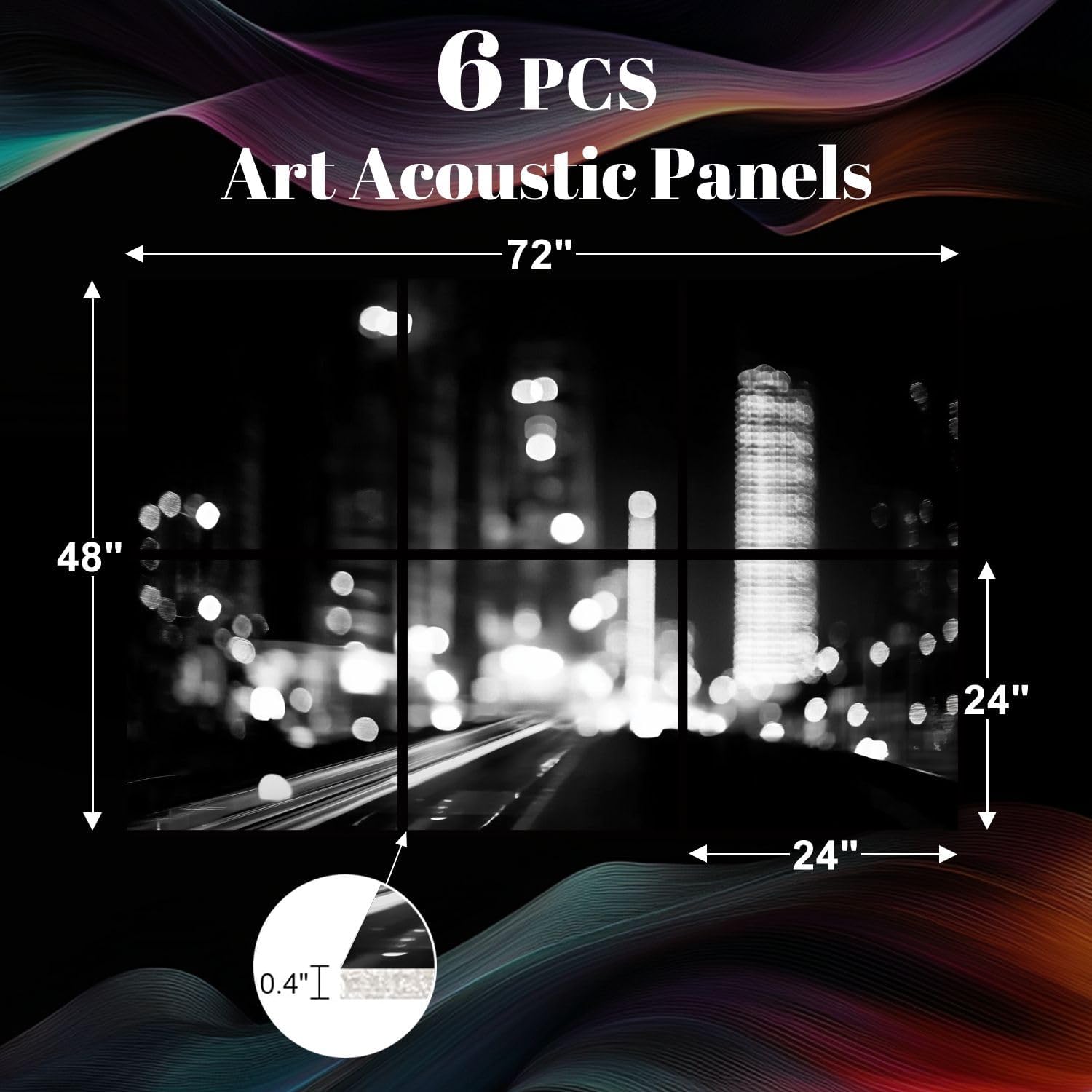 6 Pack Art Acoustic Panels black white abstract light city night Sound Absorbing Panel 48