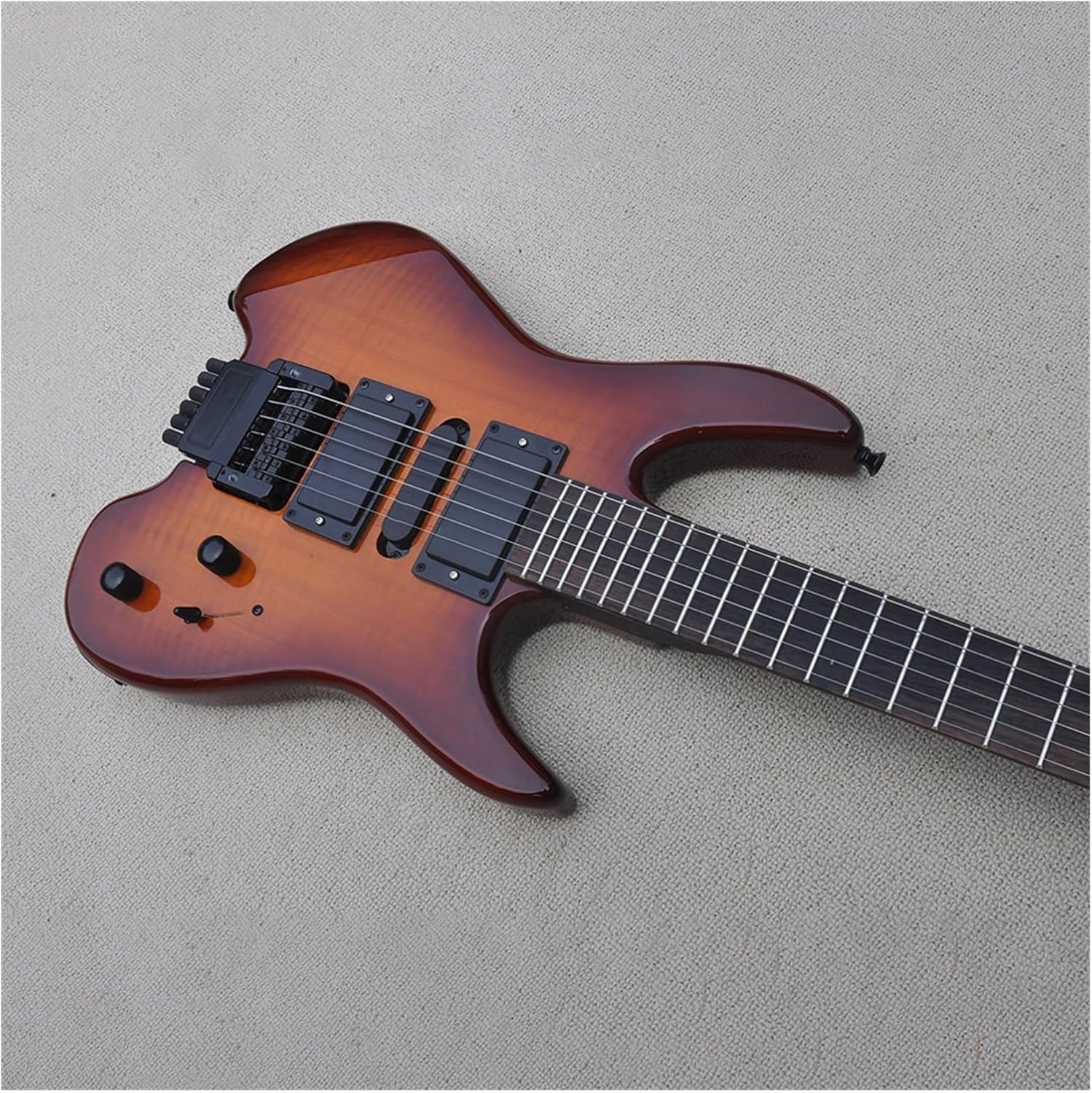 Headless Electric Guitar 39 Inches Brown Headless Electric Guitar with Flame Maple Veneer Rosewood Fretboard
