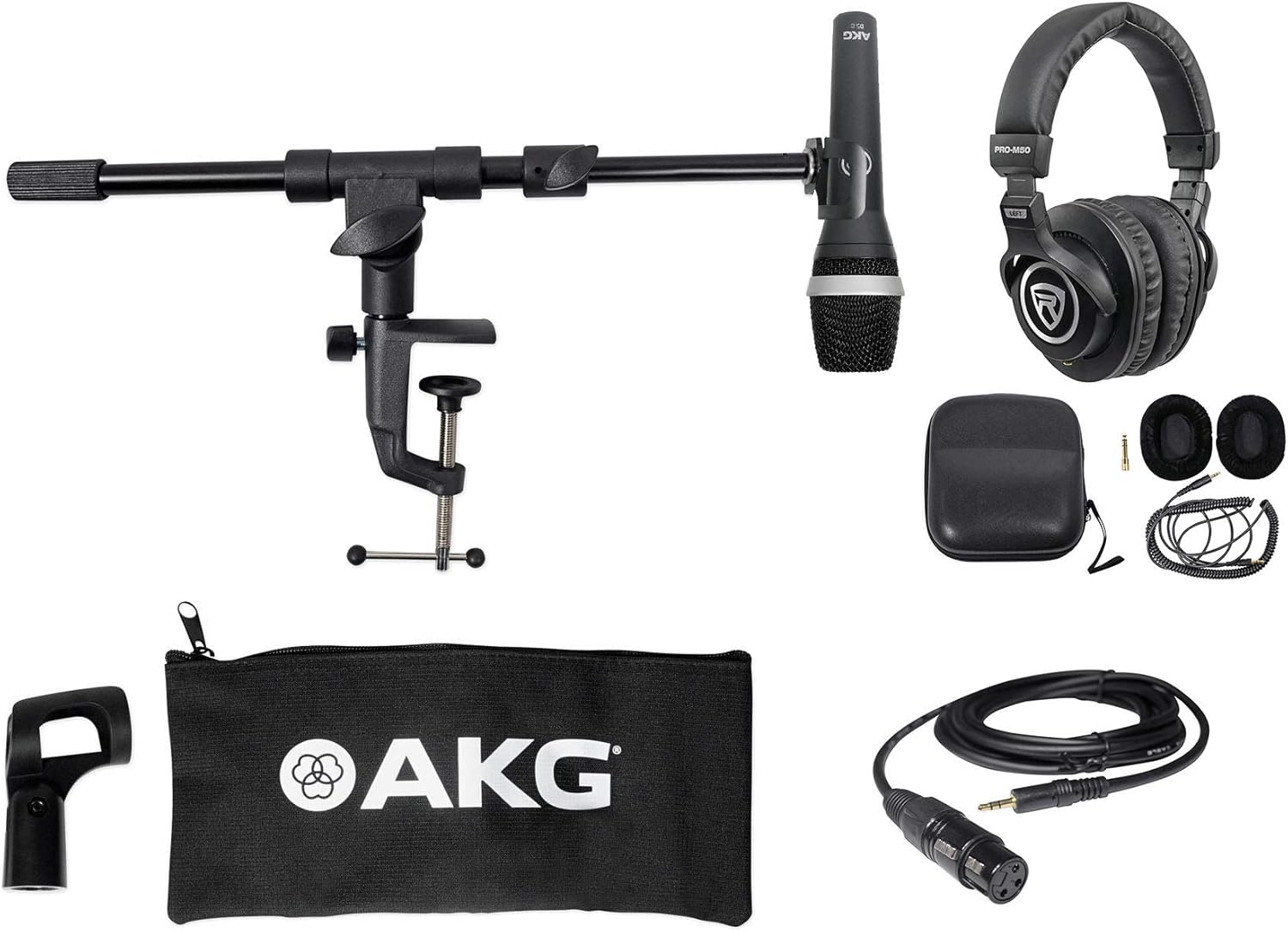 Audiosavings Bundle: AKG D5C Dynamic Cardioid Pattern Mic Bundle with Rockville AUX Cable & Boom Arm USB Mic Stand+Desk Clamp, Studio Headphones with Coil Cable+Case+Extra Ear Pad (4 Items)